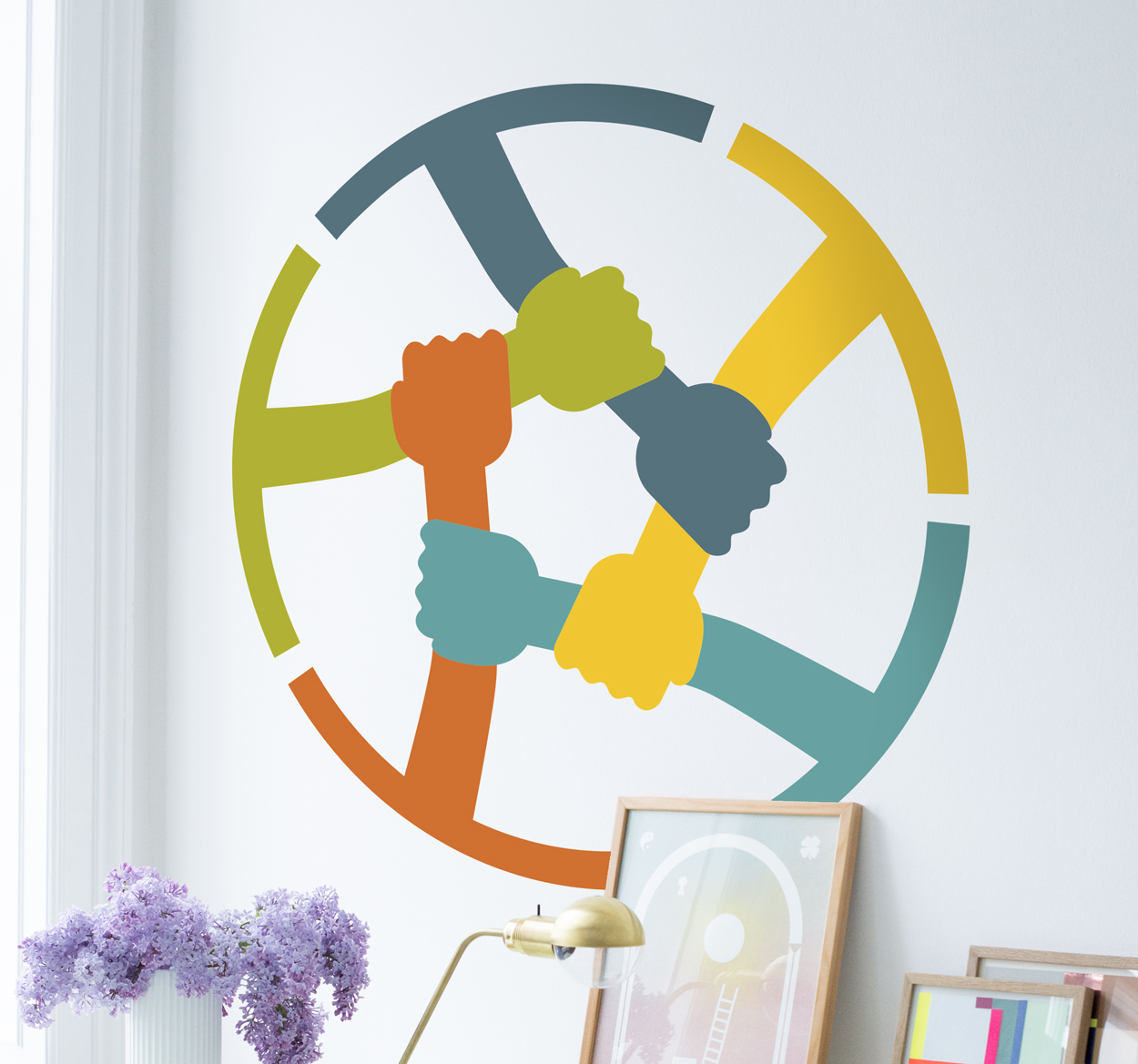 Sticker gekleurde handen solidariteit