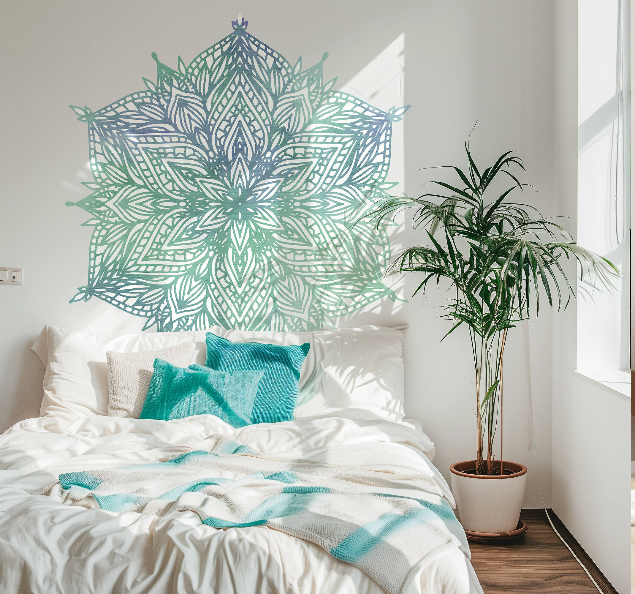 Turkooise mandala slaapkamer muursticker