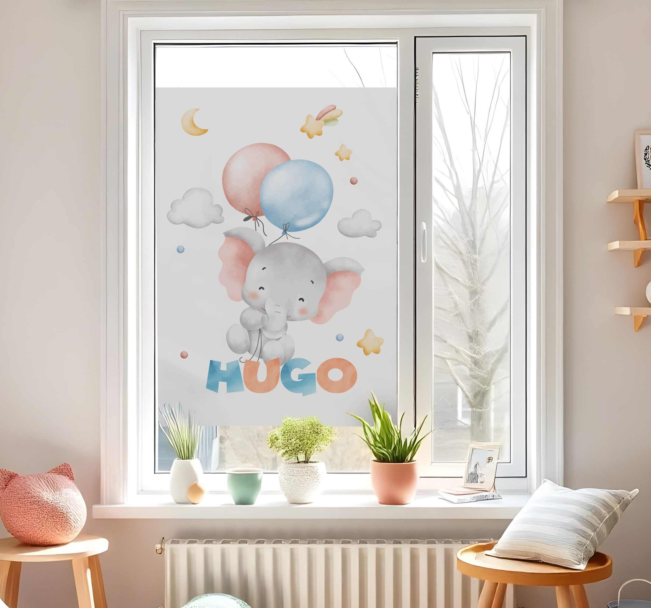 Aquarel olifant met naam Raamsticker