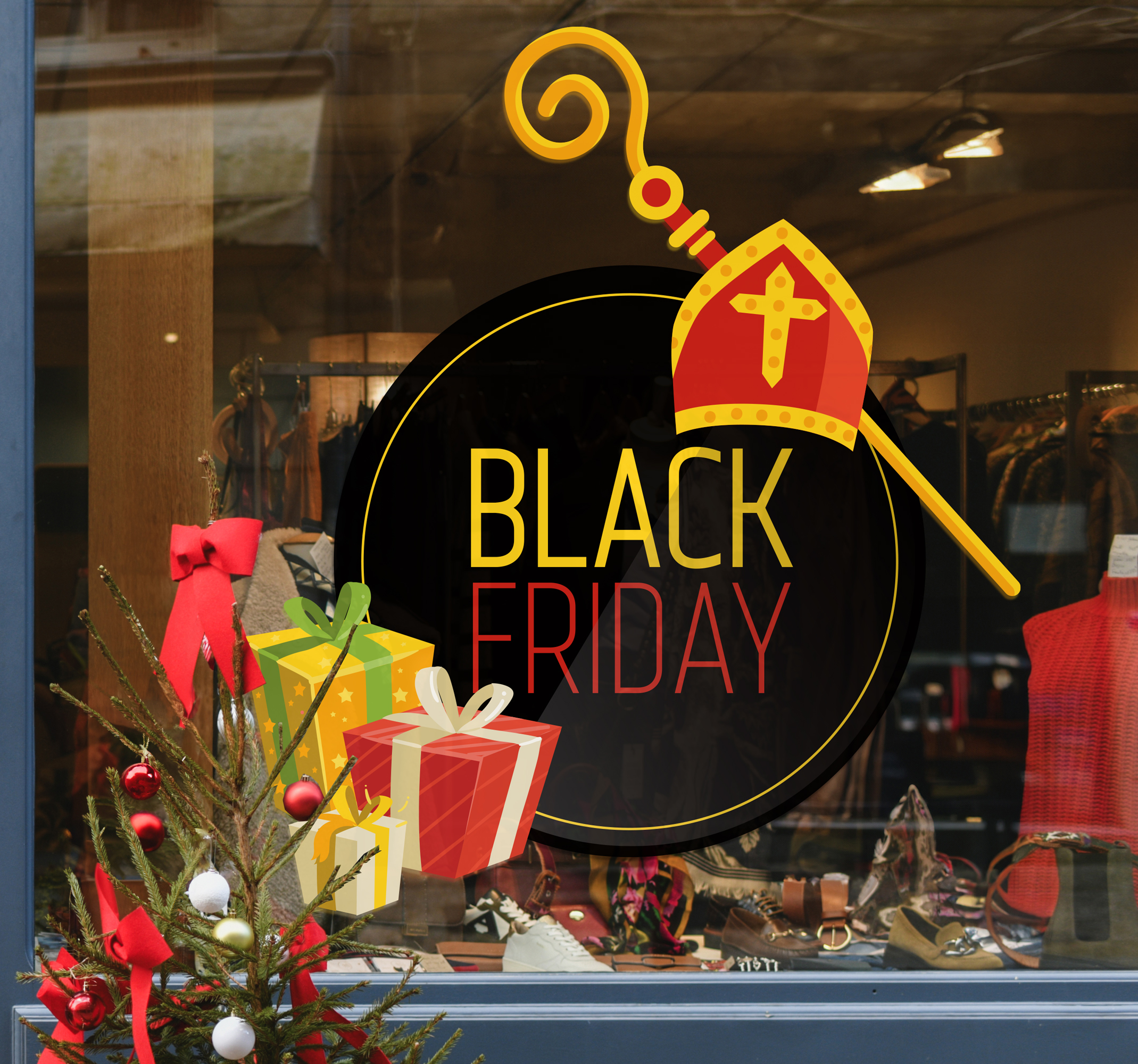 Black Friday sticker etalage Sinterklaas-elementen