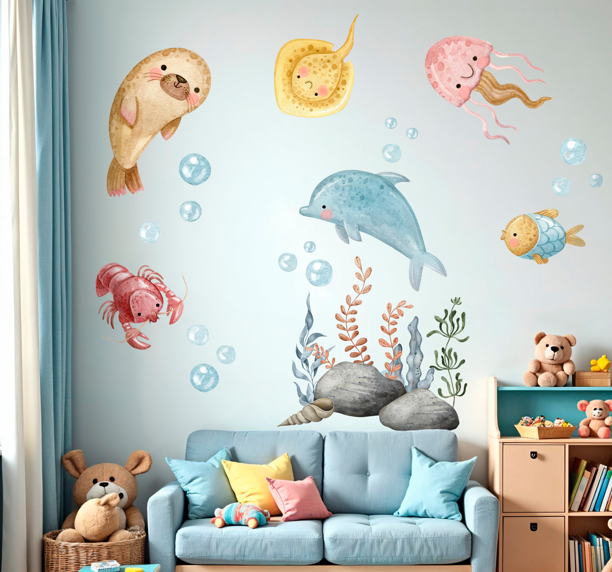 Muursticker kinderkamer dieren vrolijke aquarel zee