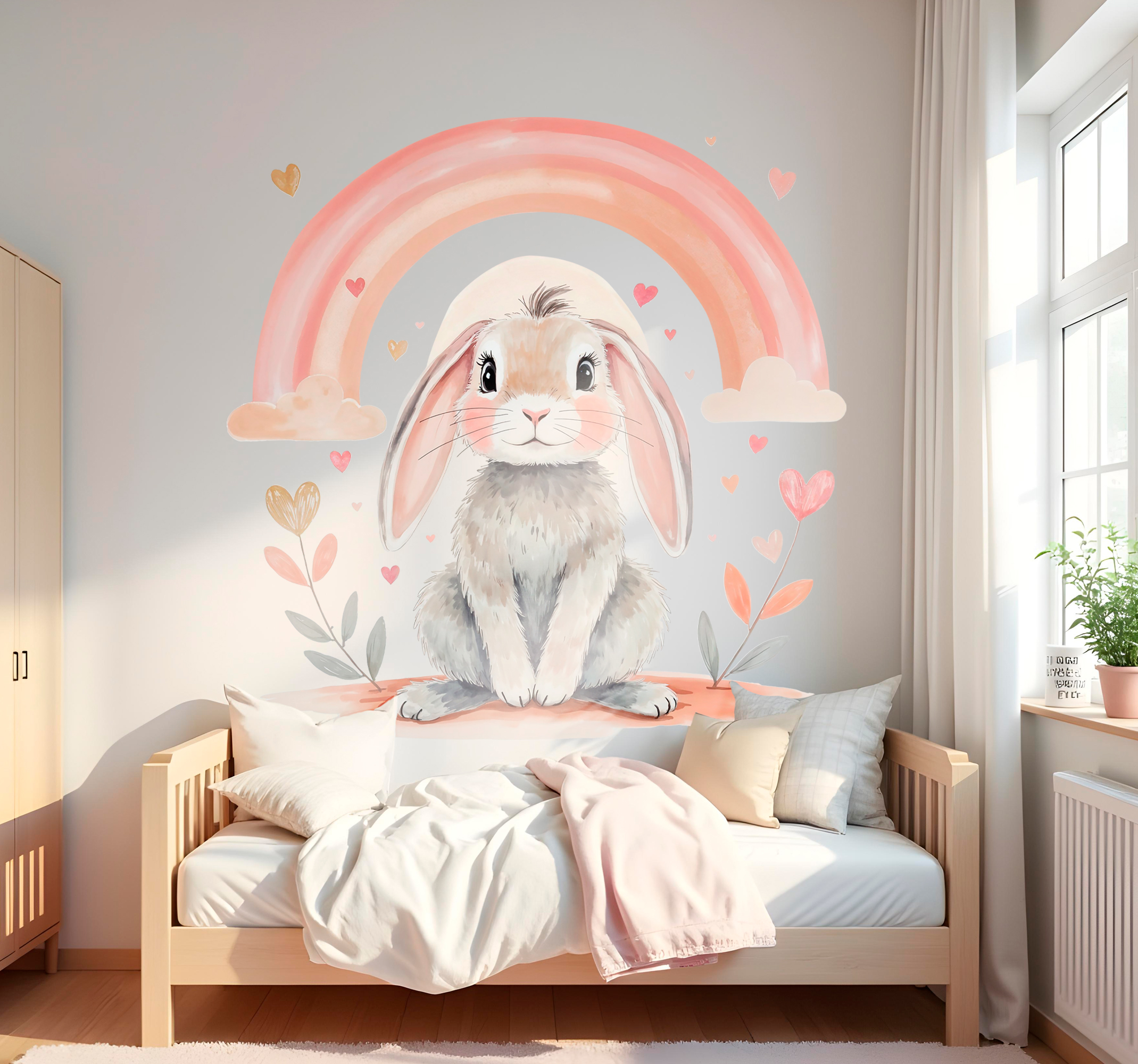 Muursticker kinderkamer dieren pastel lief regenboog konijntje