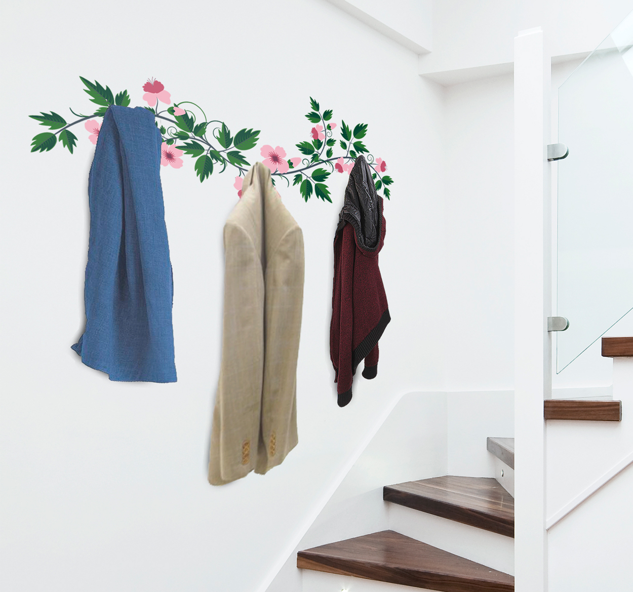 Muursticker kapstok tak bloemen