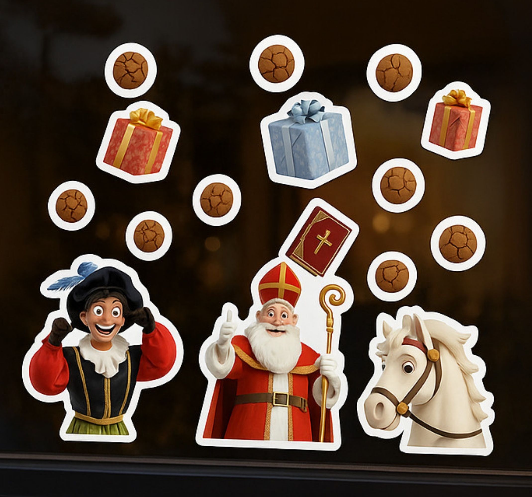 Piet, sint, paard en pepernoten raamsticker