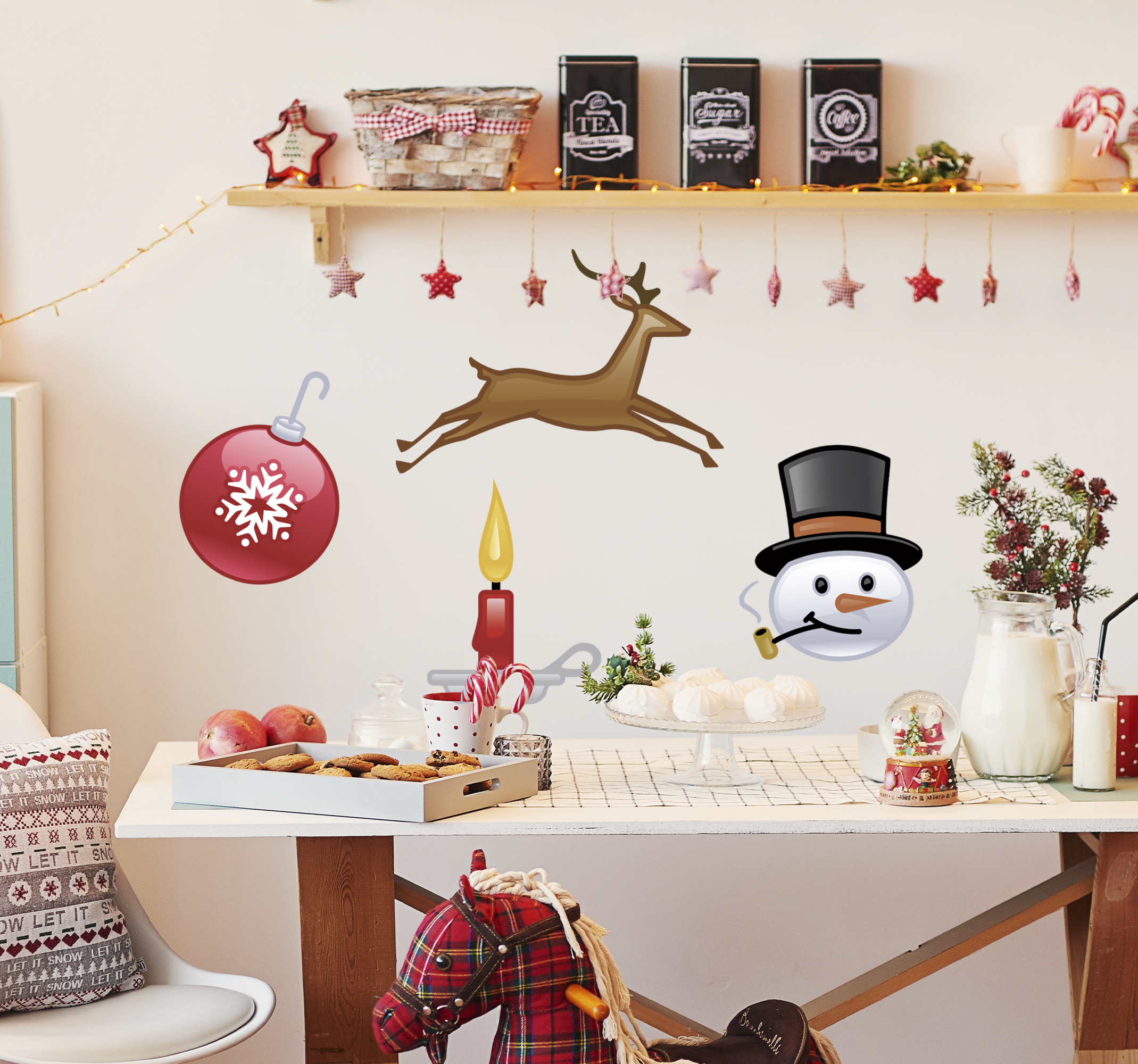 Sticker kerst kerstbal hert kaars sneeuwpop