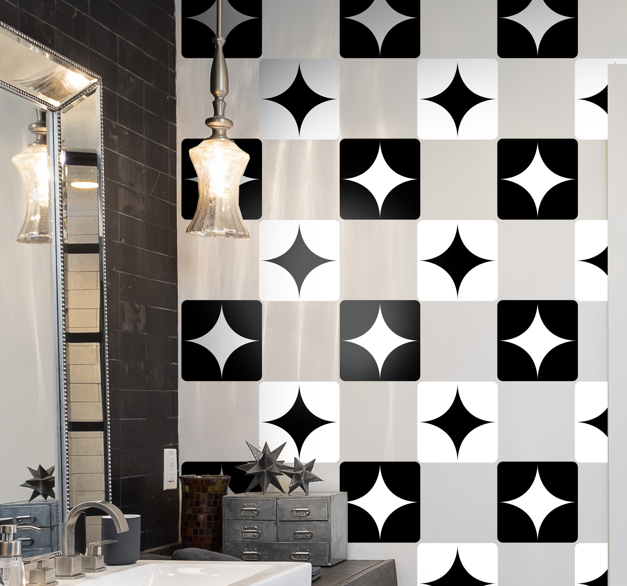 Tegelstickers badkamer zwart wit met sterren