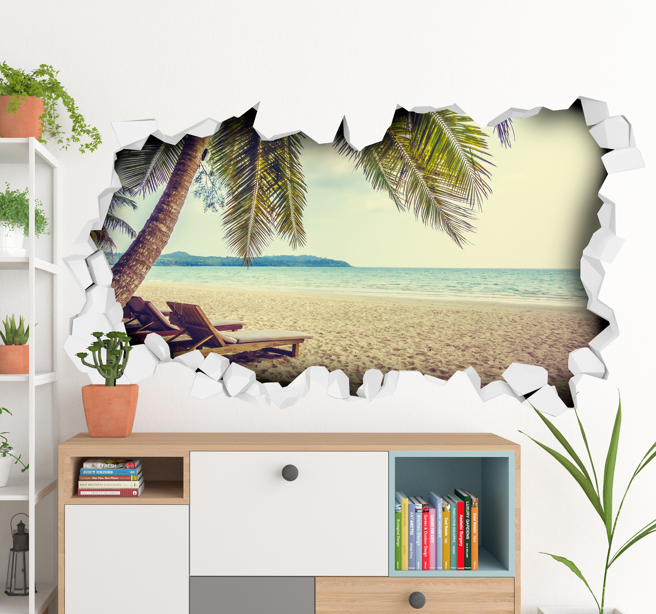 3D muurstickers woonkamer met strand 3D