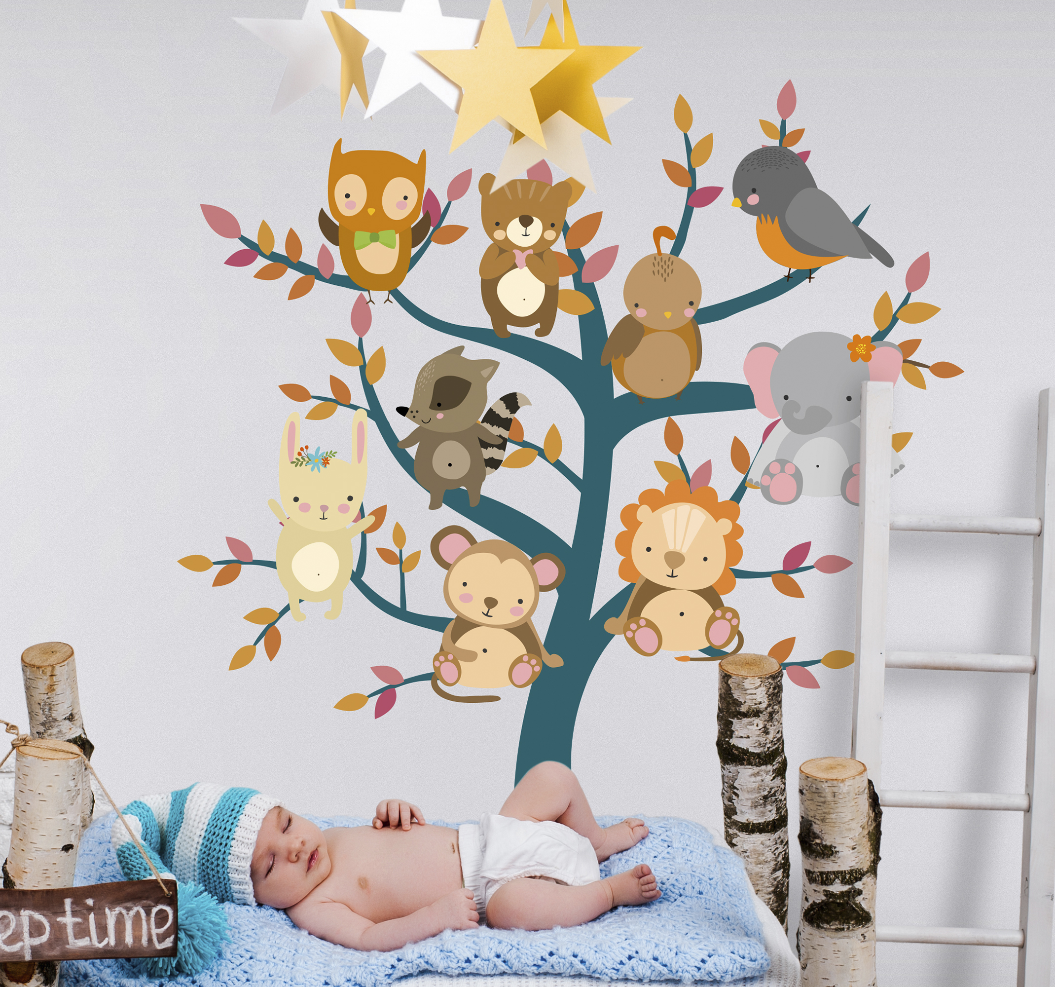 Muursticker kinderkamer met boom en dieren
