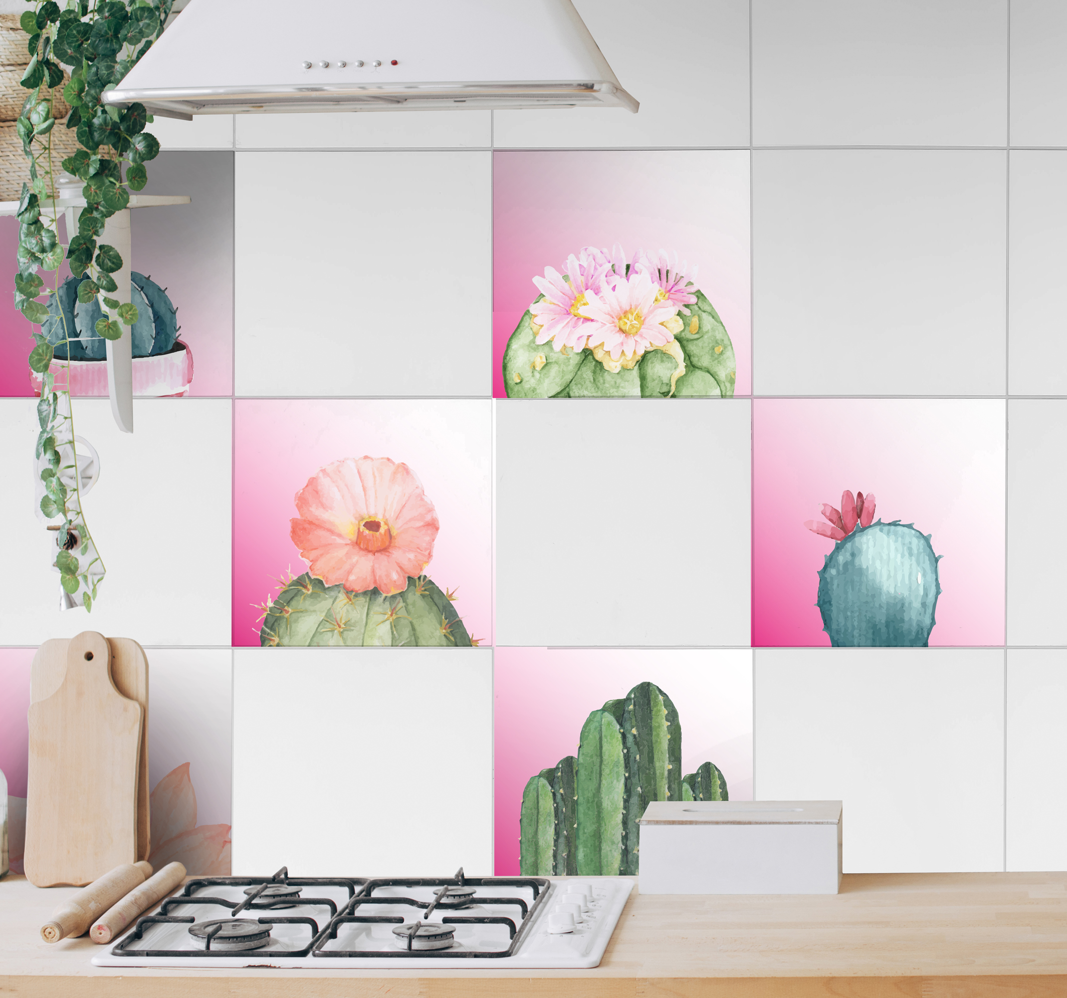 Tegelstickers keuken cactussen op roze achtergrond