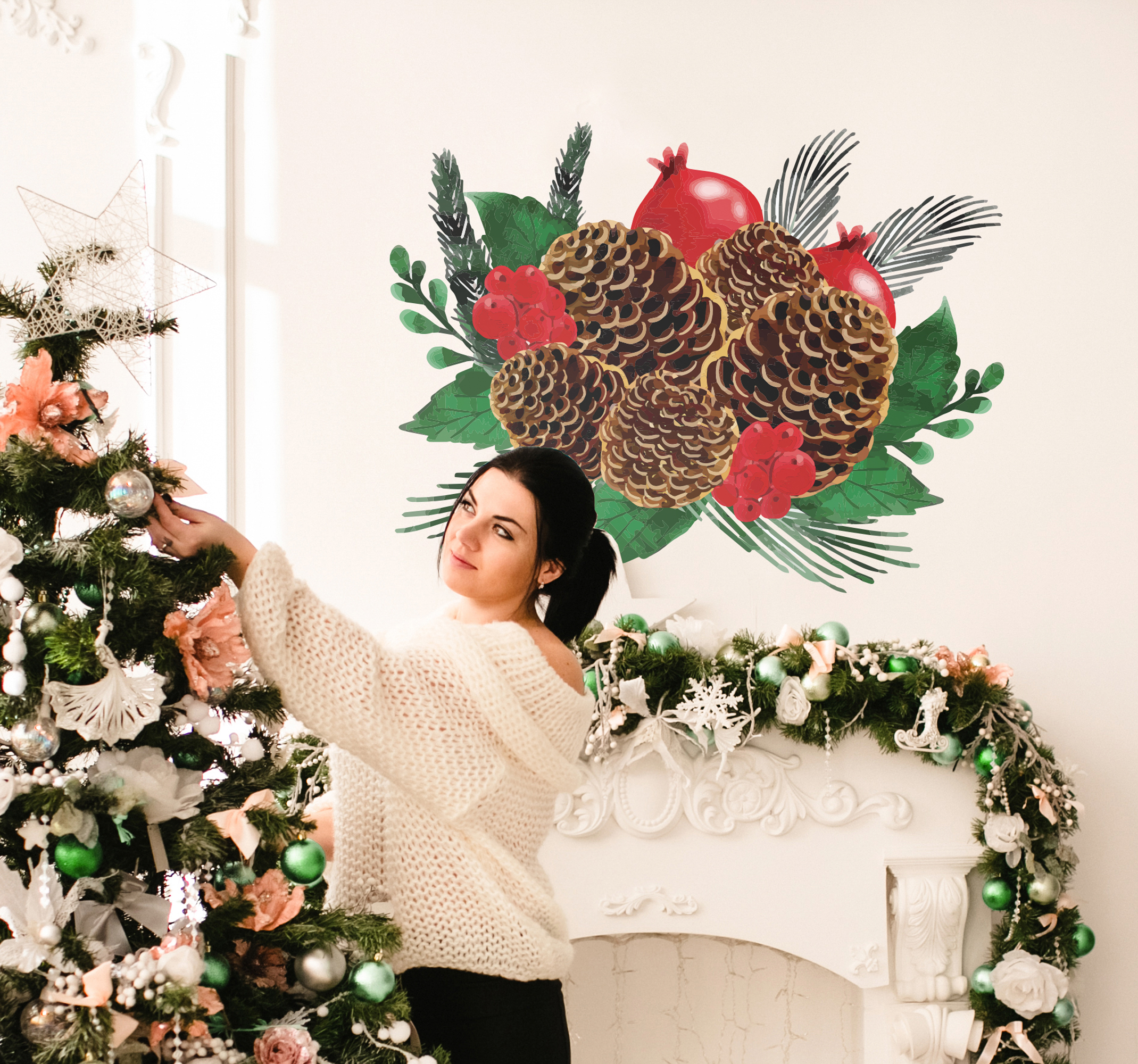 Kerst dennenappel krans sticker