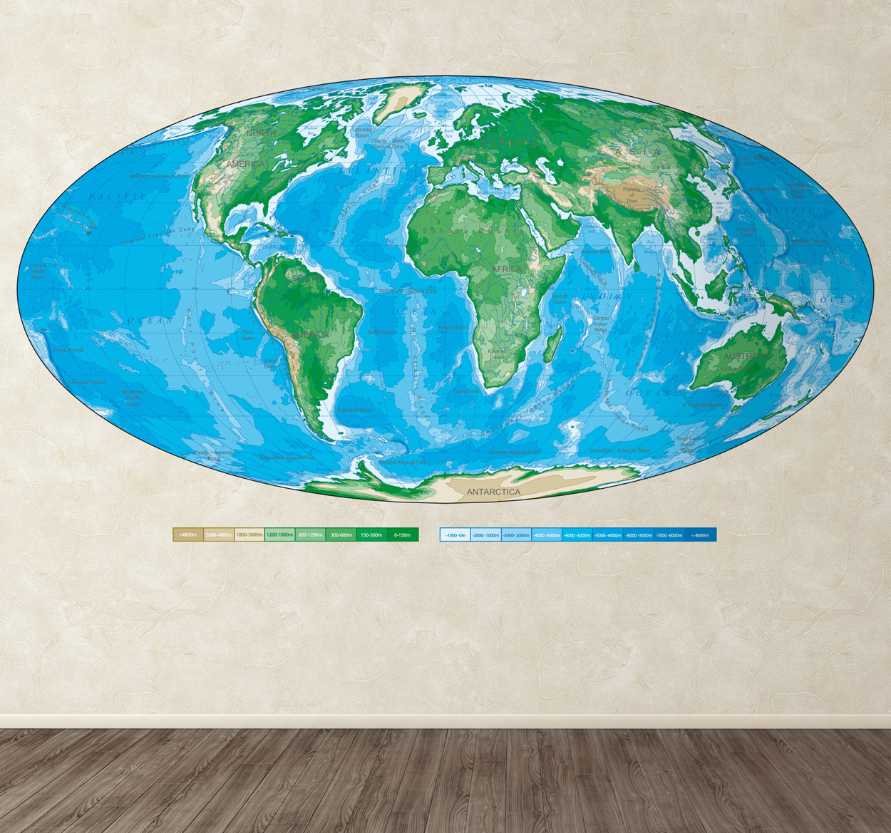 Muursticker wereldkaart ovaal