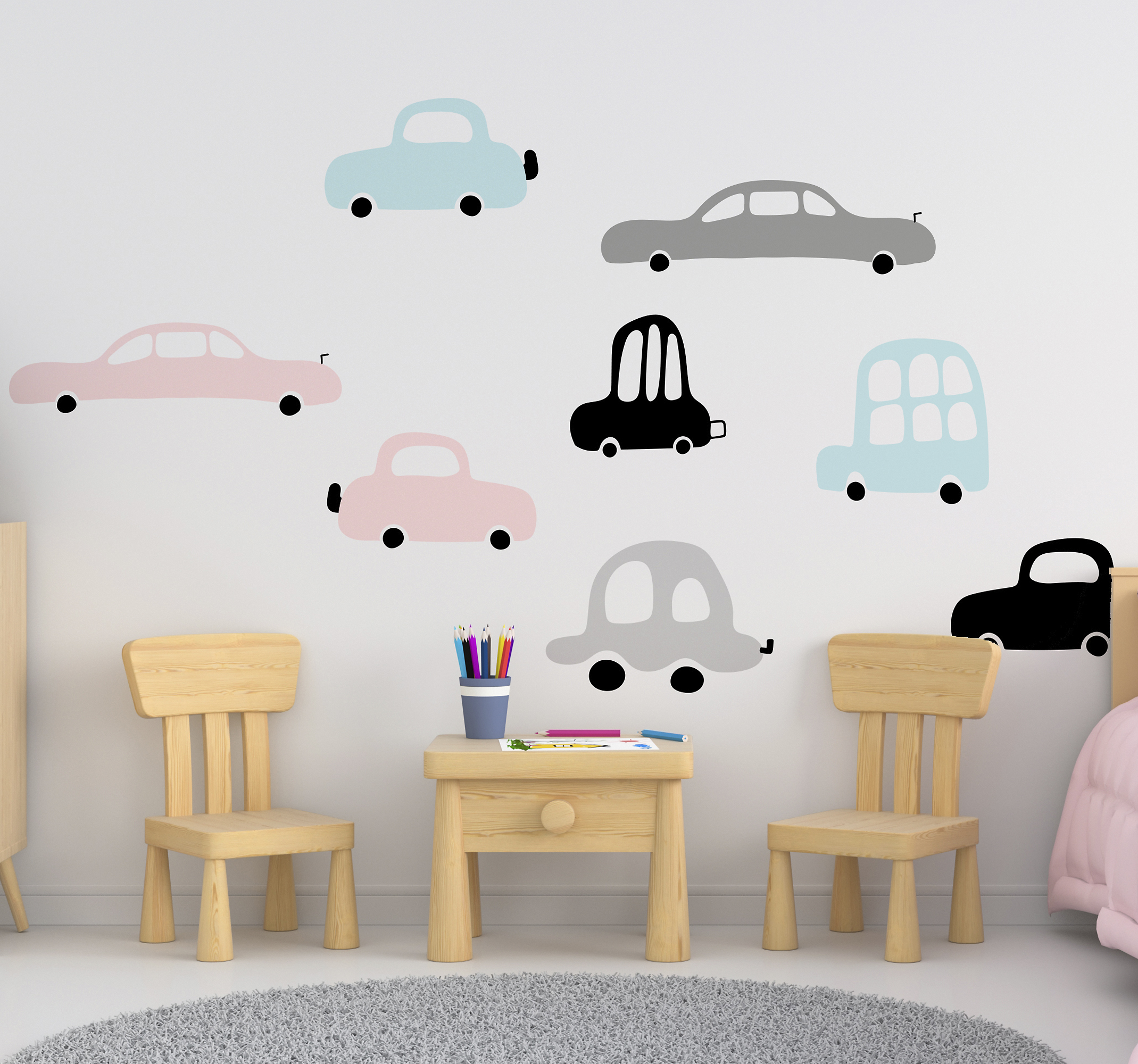 Muurstickers kinderkamer autootjes met pastel kleuren