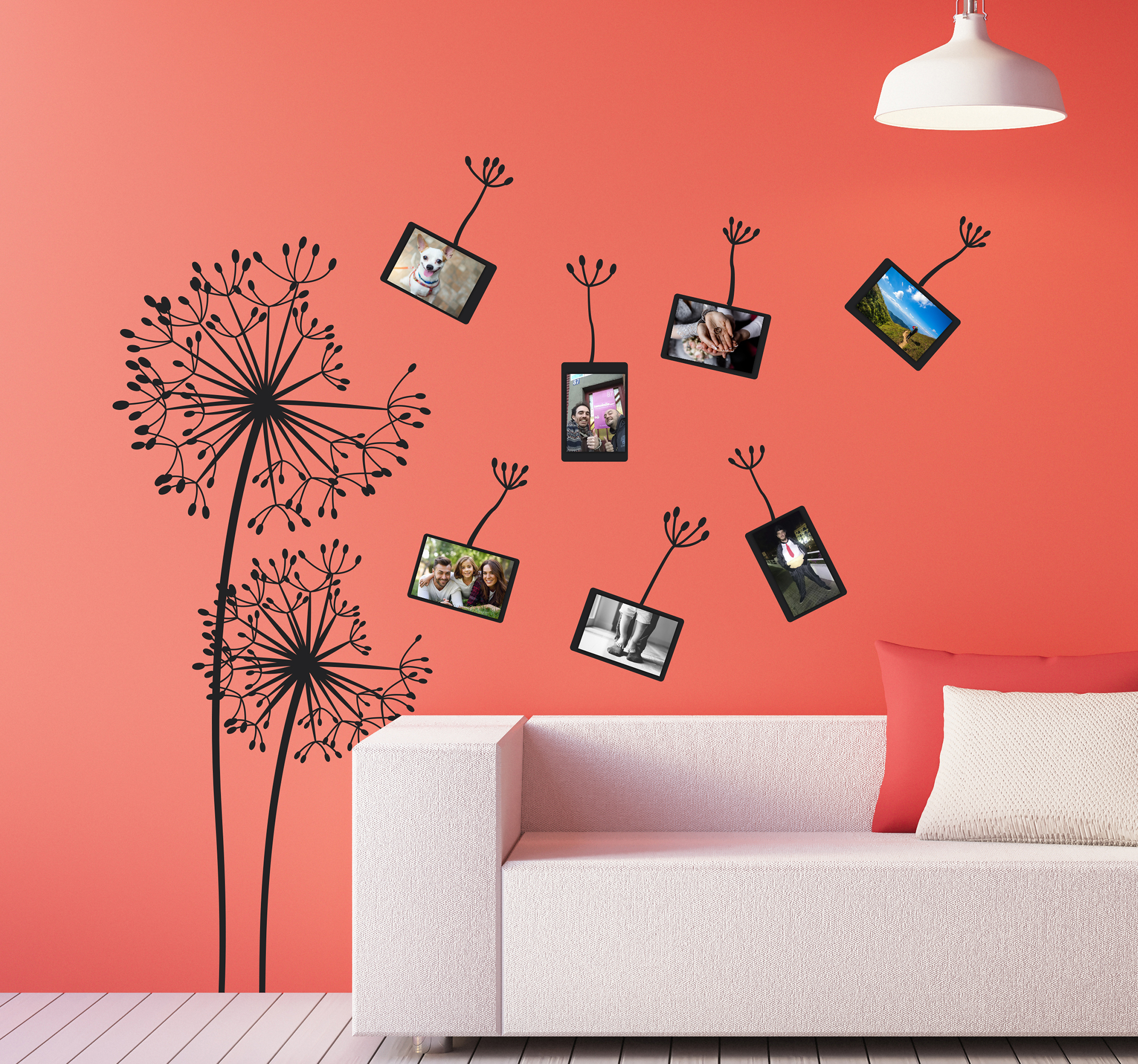 Muurstickers woonkamer blaasbloemen en fotolijstjes