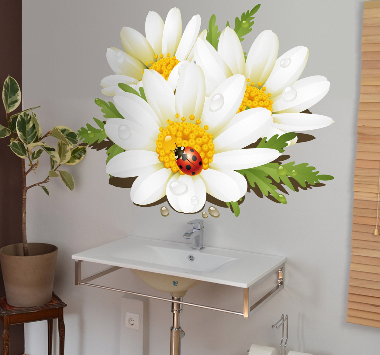 Bloemen muursticker met lieveheersbeestje