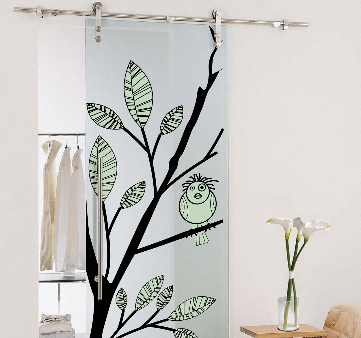 Deursticker tak vogel blaadjes