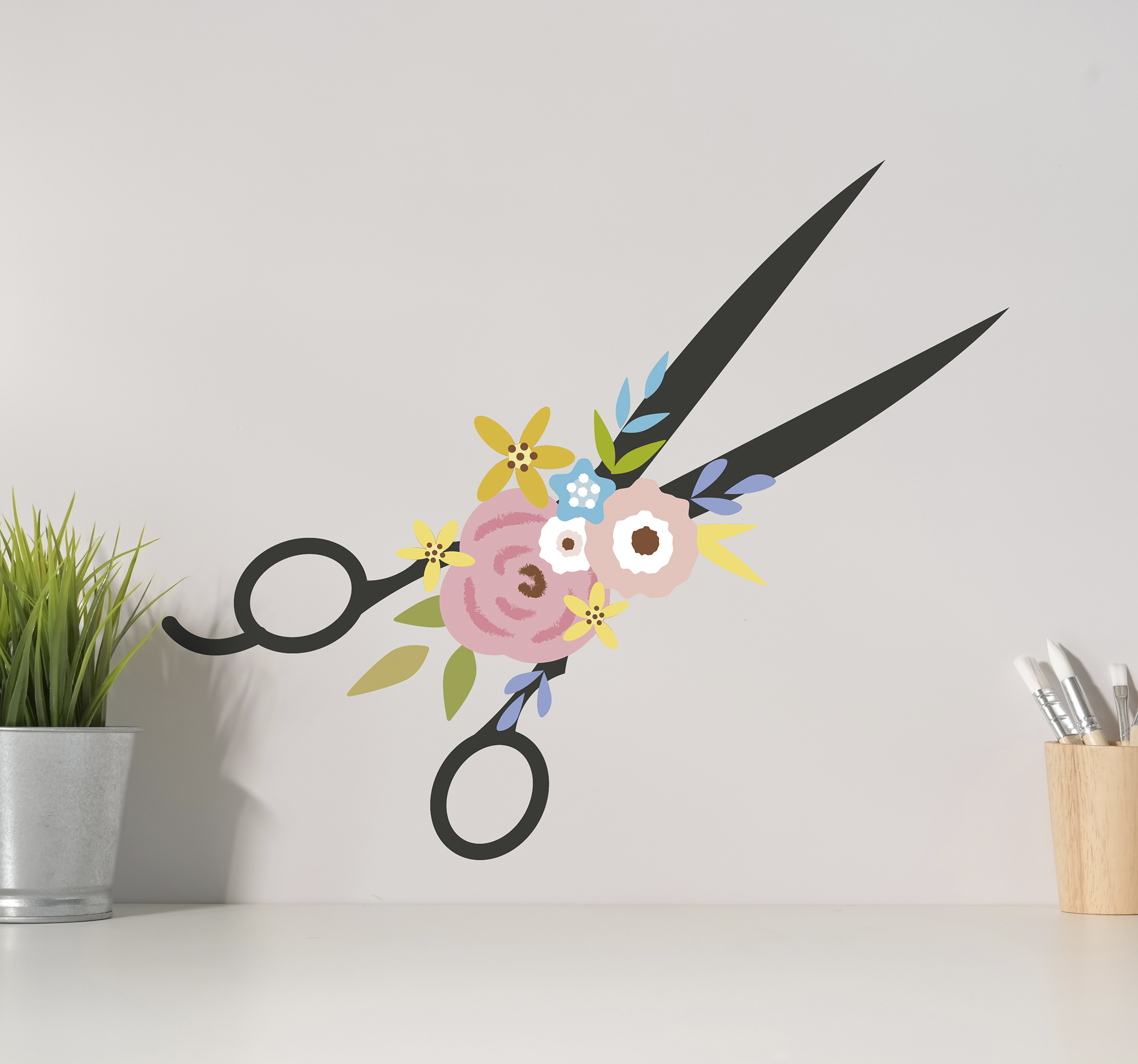 Sticker met schaar en bloemen