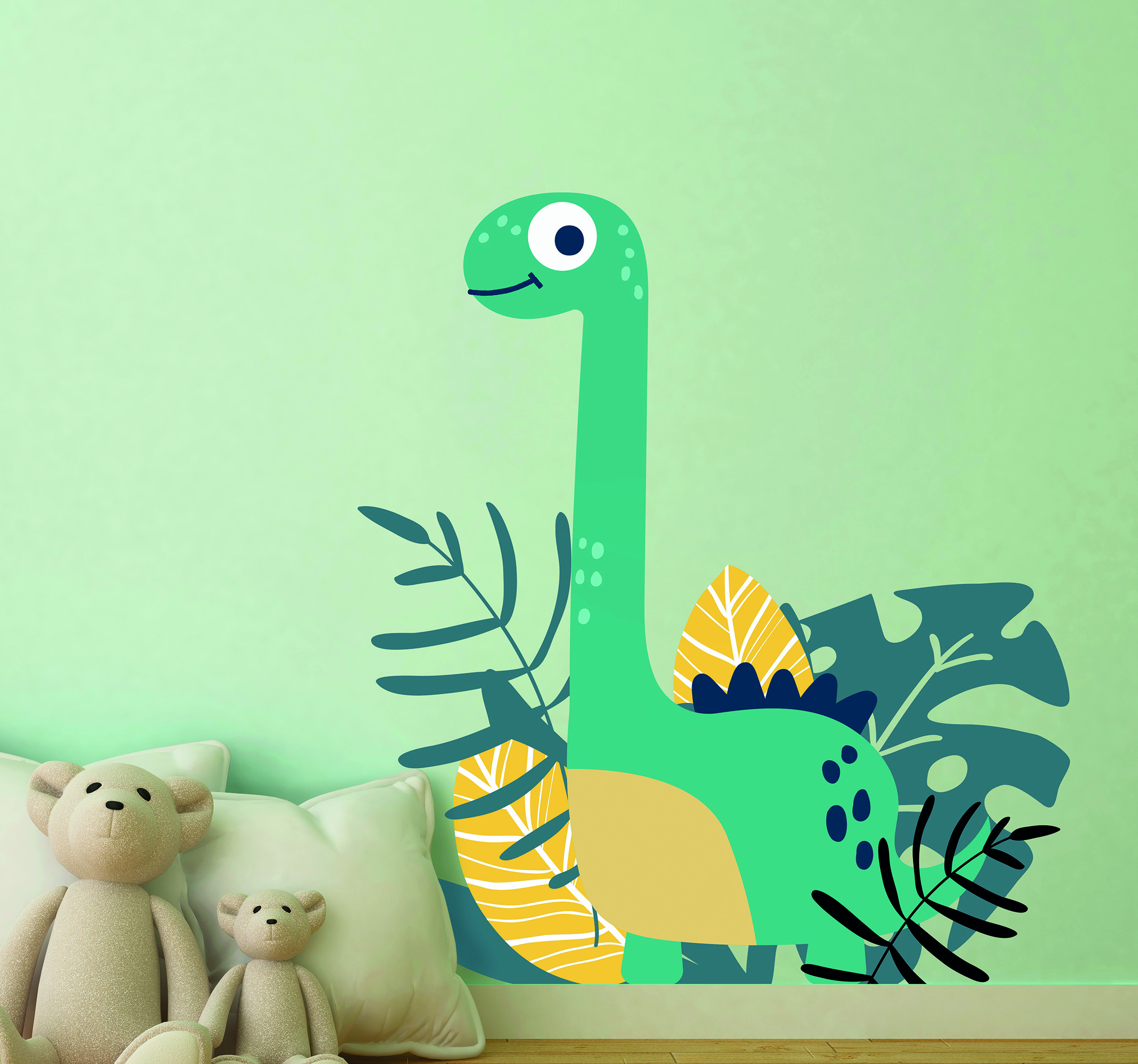 Muurstickers baby dinosaurus en planten