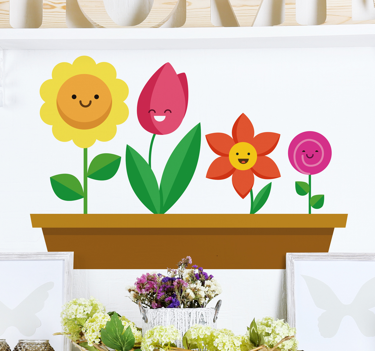 Bloemen muursticker met tekening familie