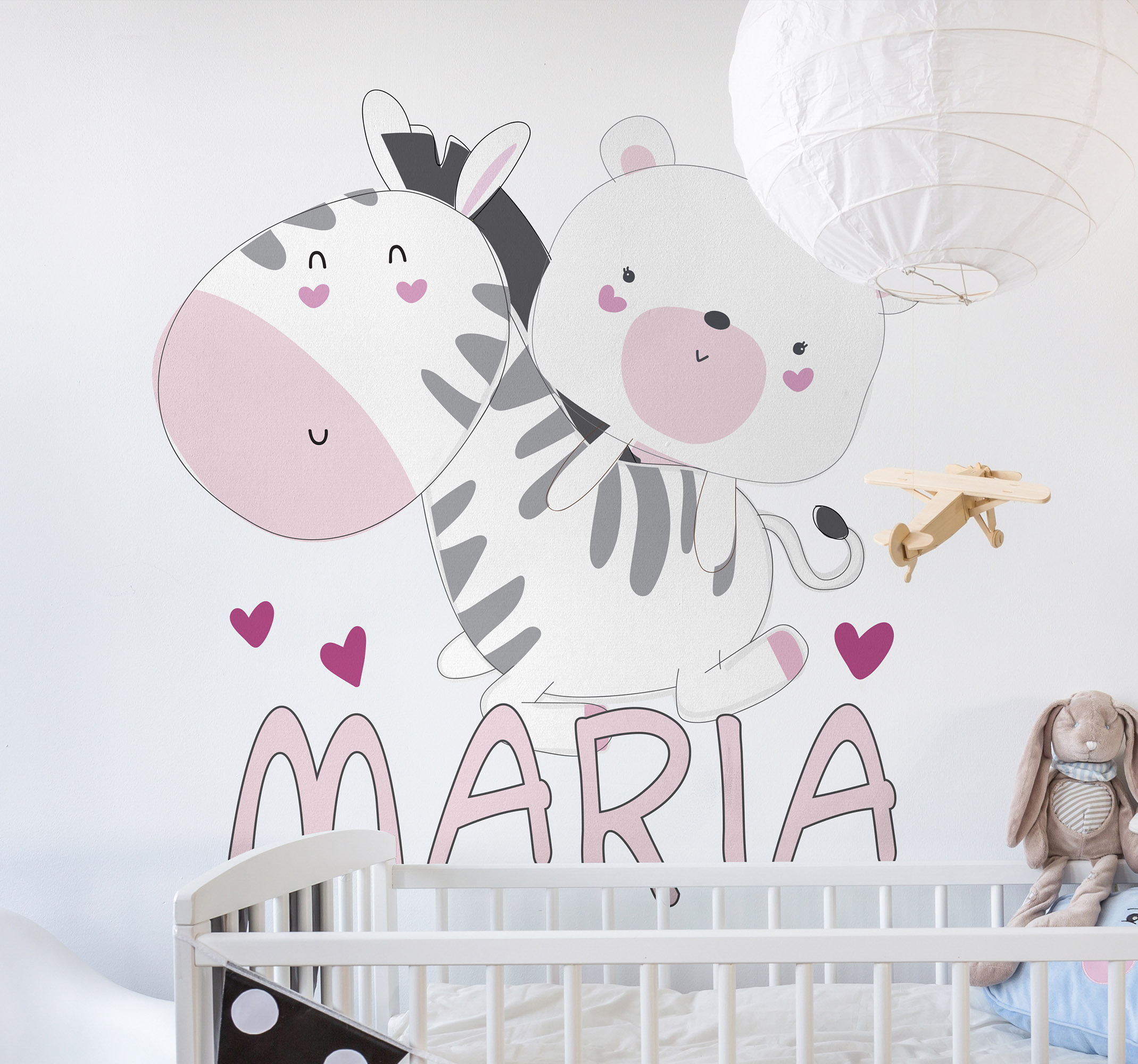 Muurstickers knuffels Baby zebra en beer naam