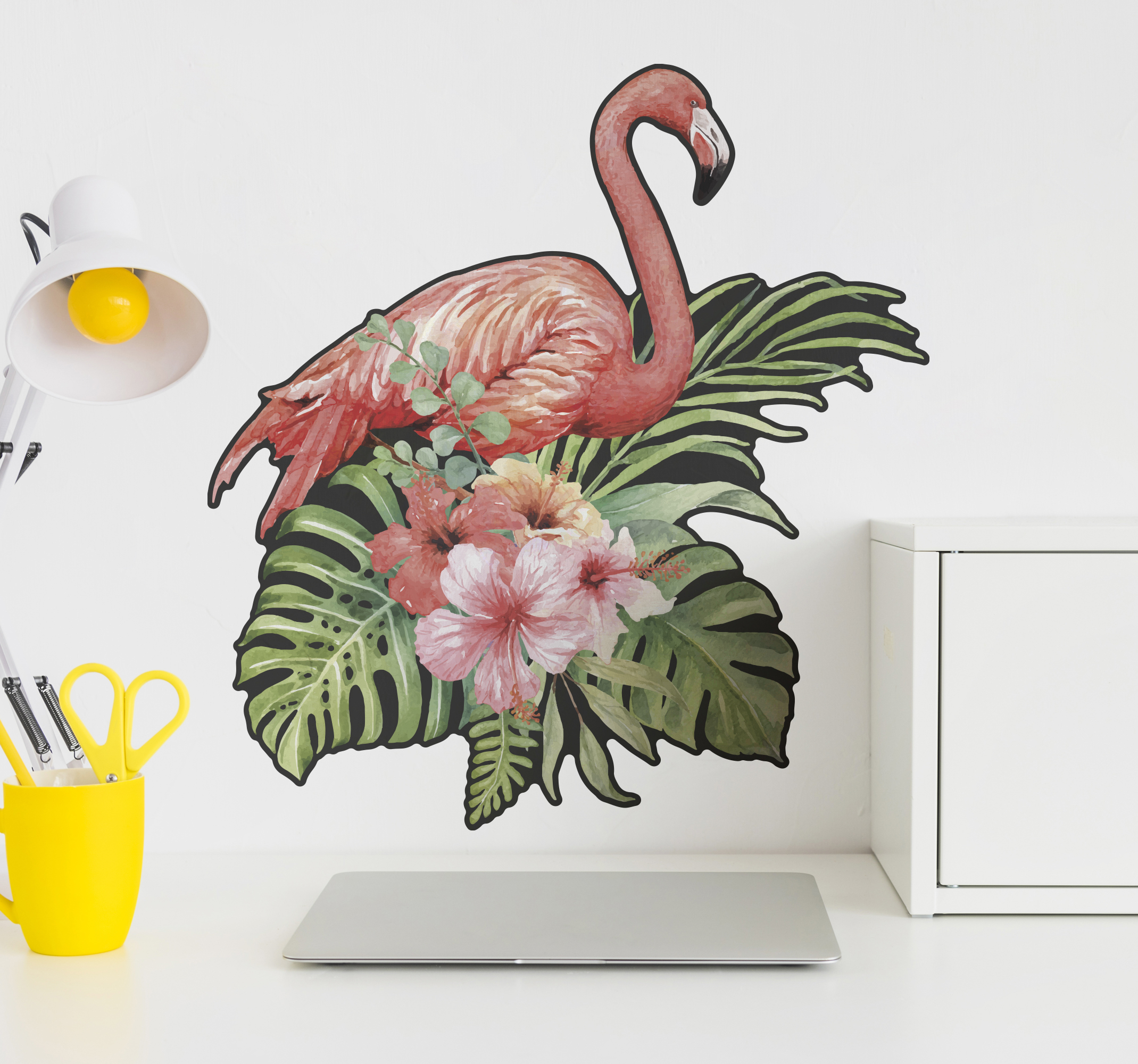 Raamsticker kinderkamer flamingo hibiscus