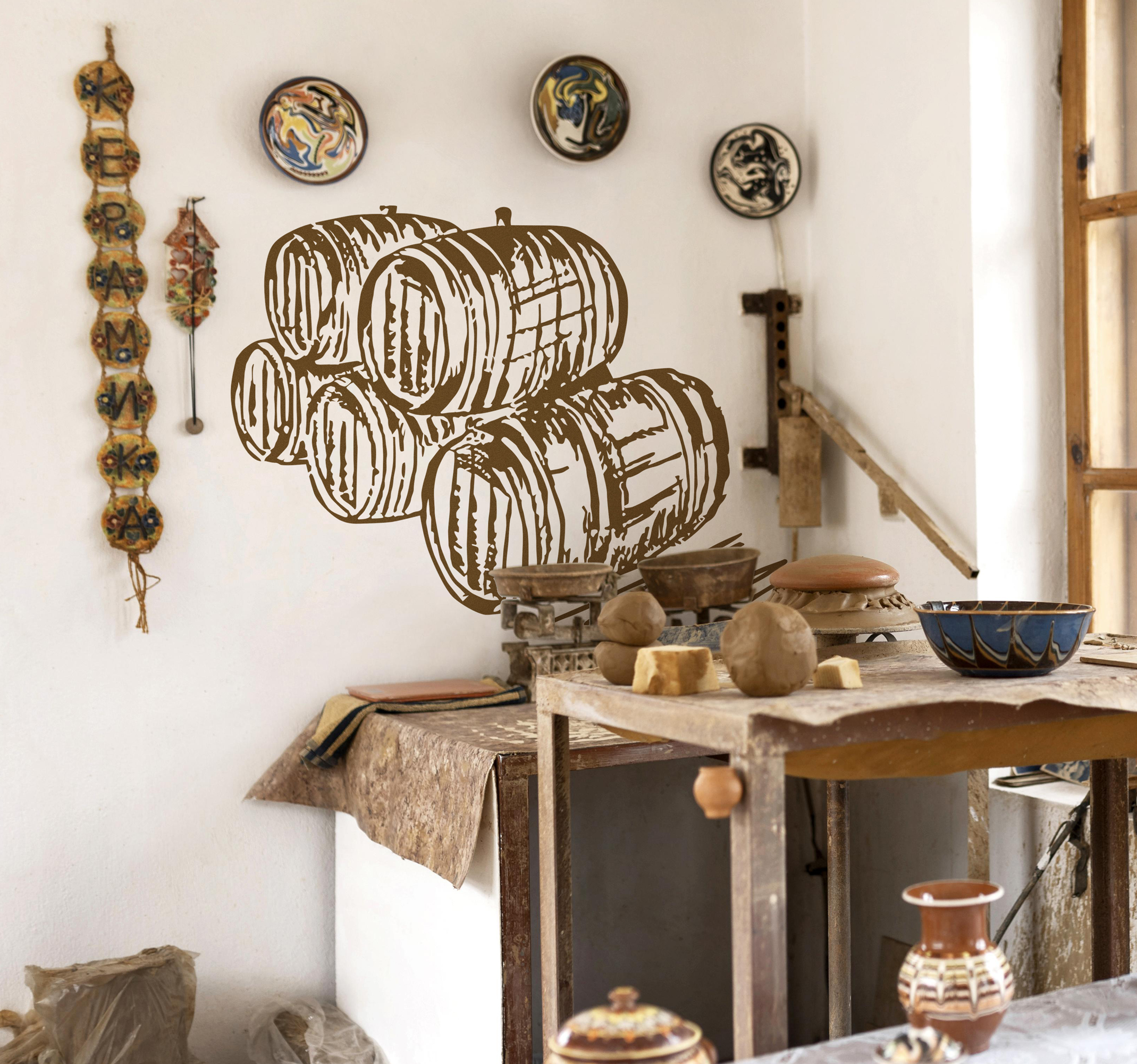 Muursticker tekening vaten wijn