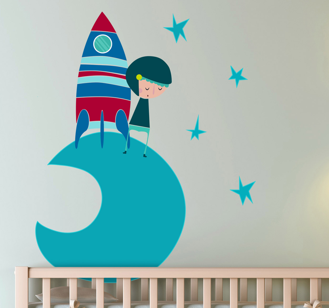 astronaut maan raket sticker blauw