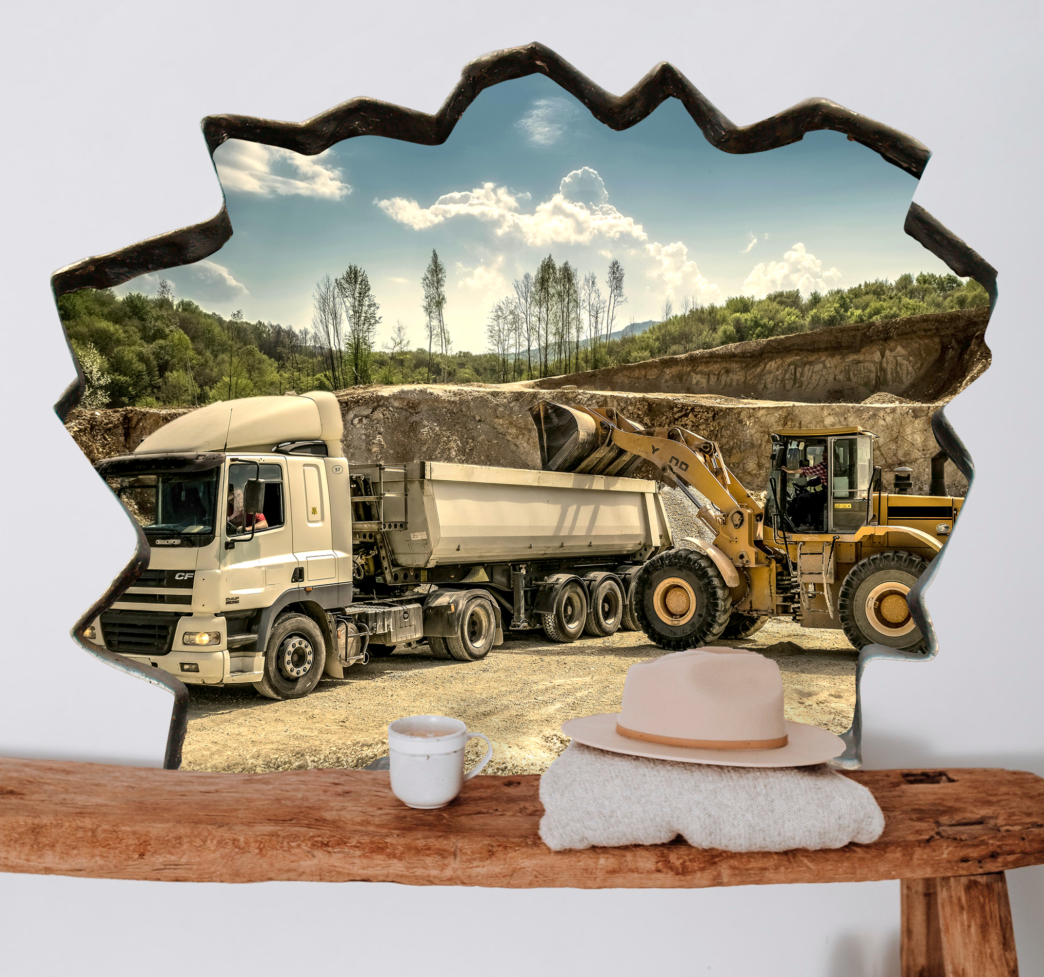 Muursticker woonkamer gebroken muur graafmachine