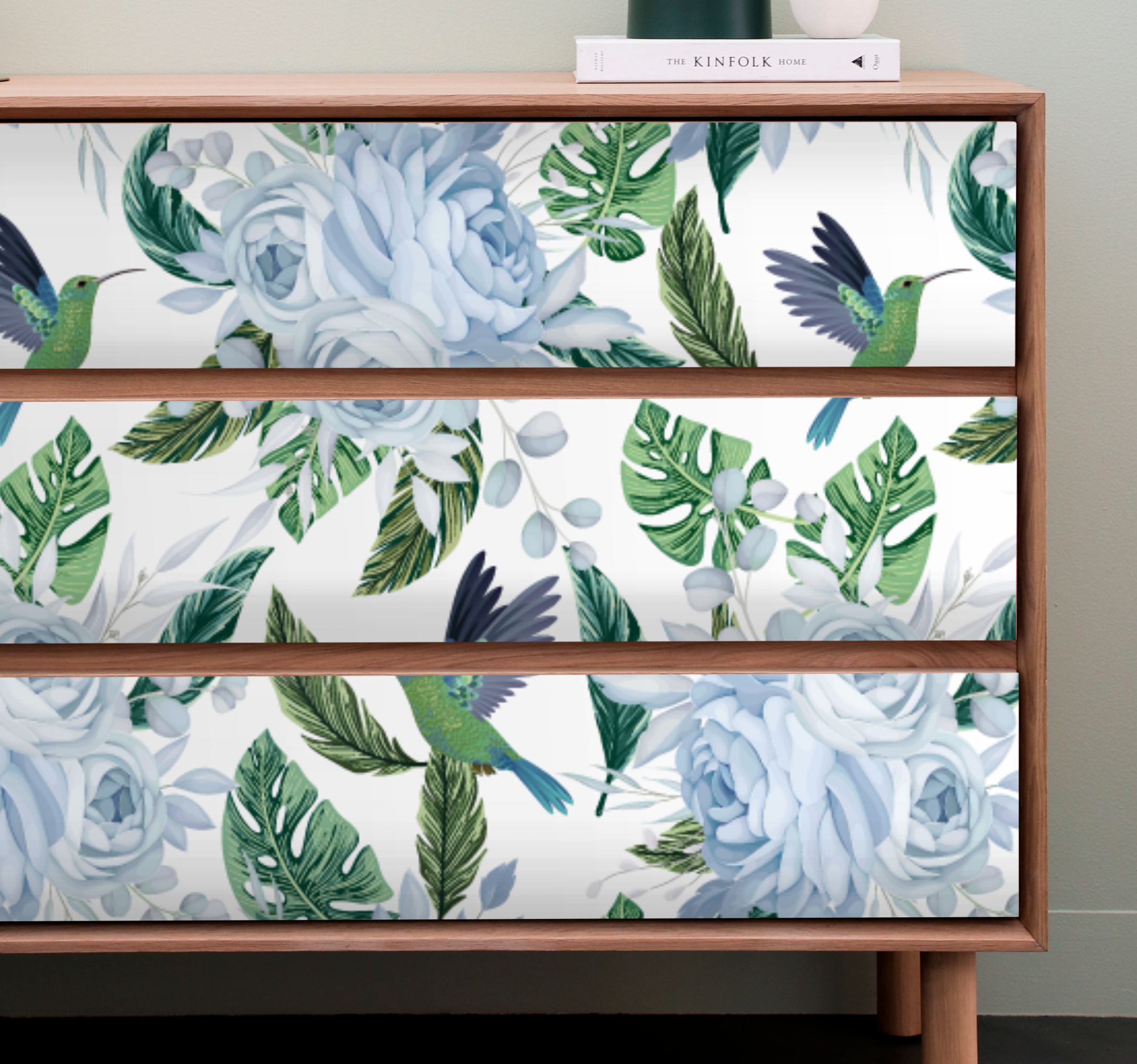 Stickers voor op meubels Blauwe tuin bloemen met vogels