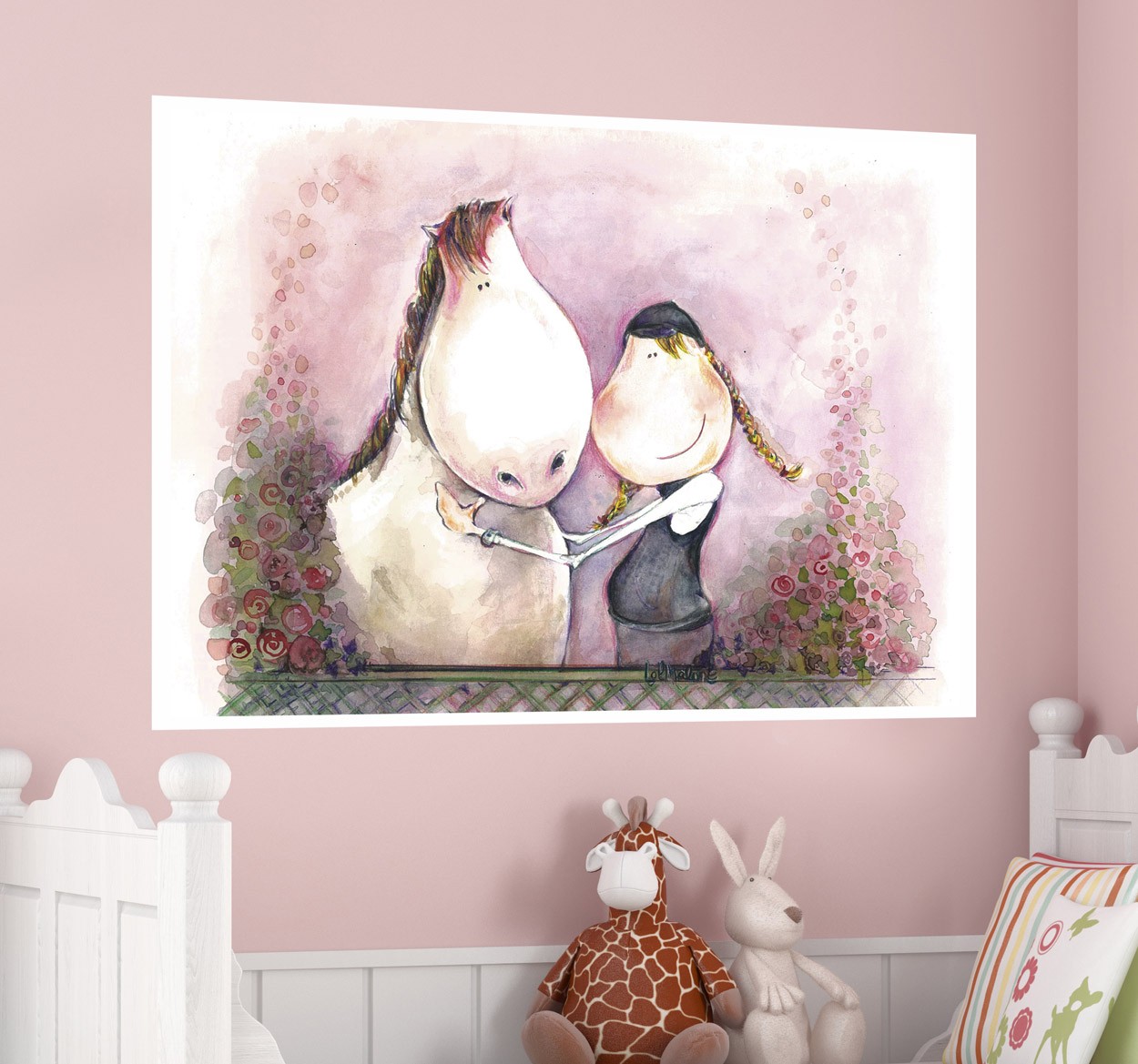 Meisje knuffelend met haar paard muursticker