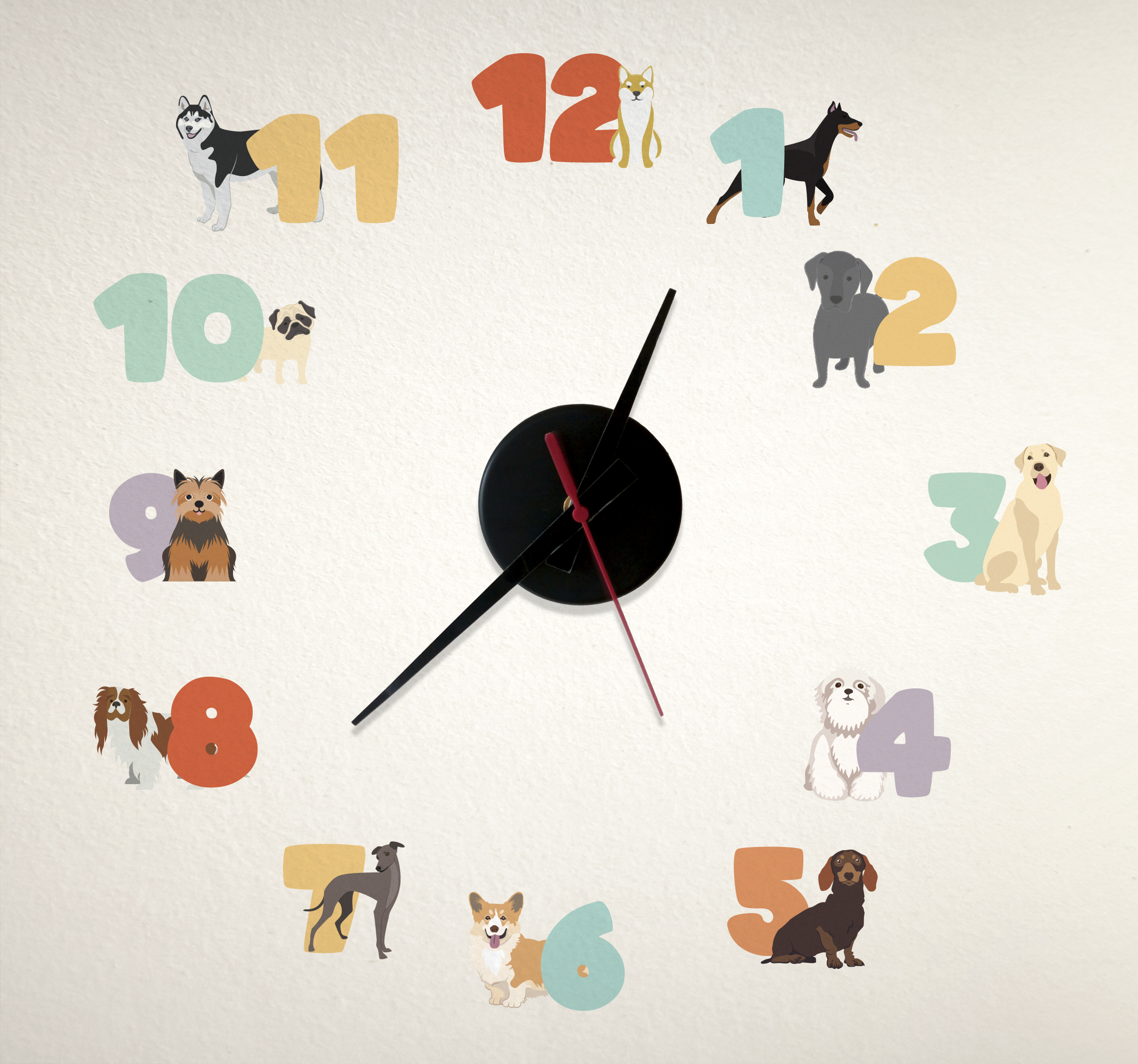 Klok sticker met verschillende soorten honden