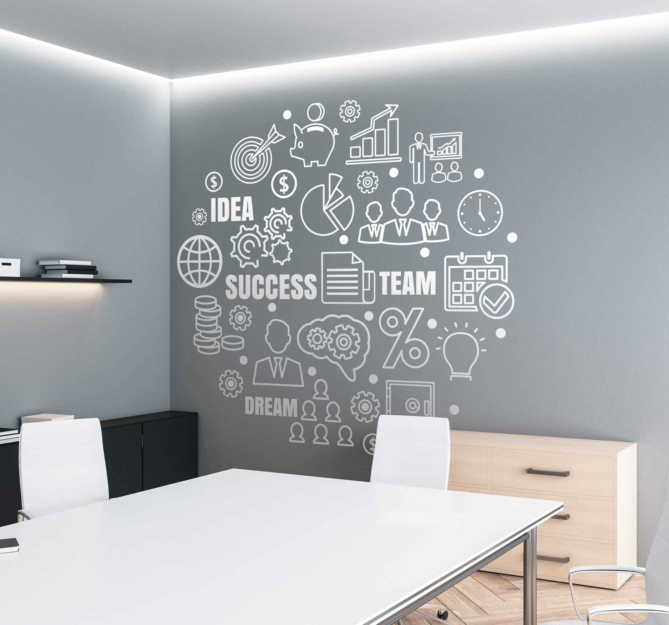 Ronde muursticker met bedrijfs iconen