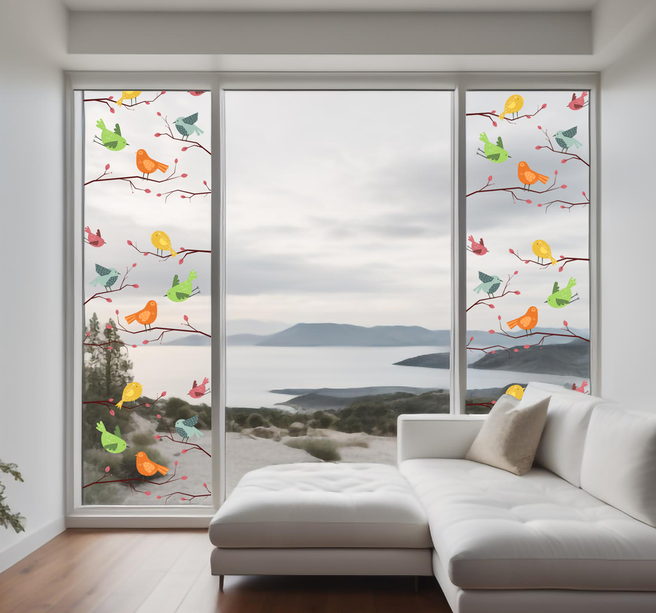 Vogels op roze tak Raamsticker