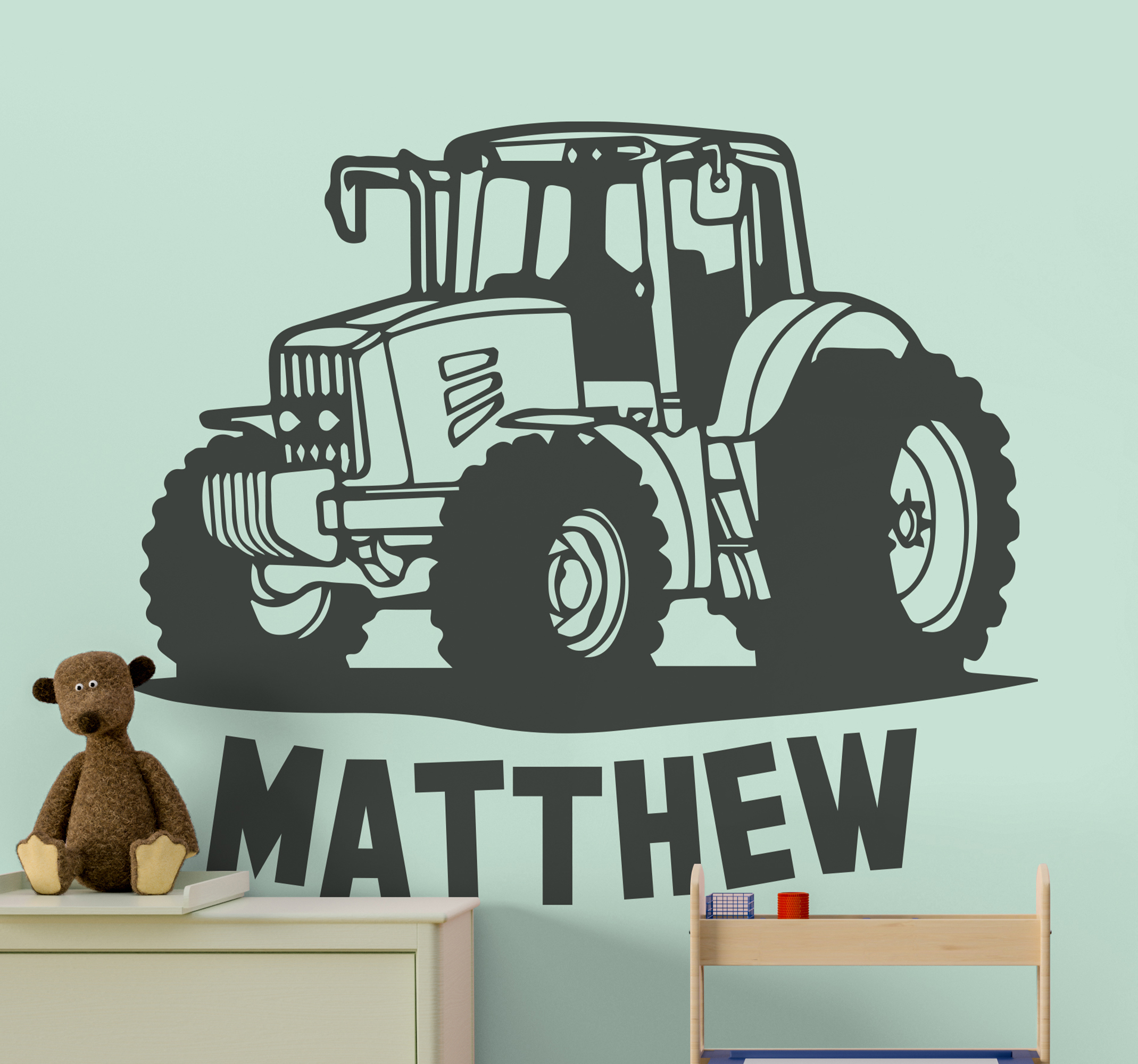 Muursticker kinderkamer speelgoed silhouet van tractor met naam