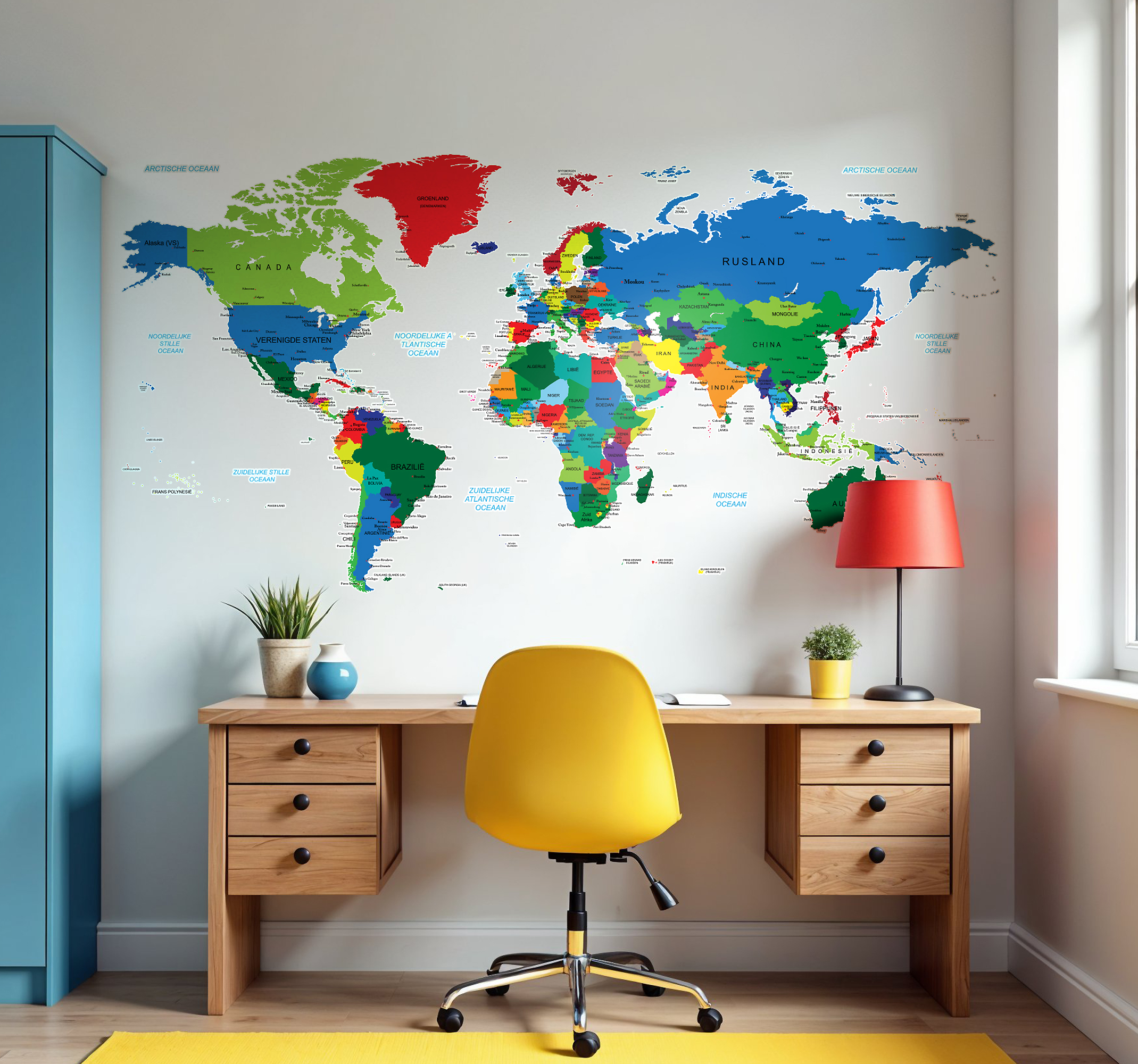 Kleurrijke wereldkaart muursticker woonkamer
