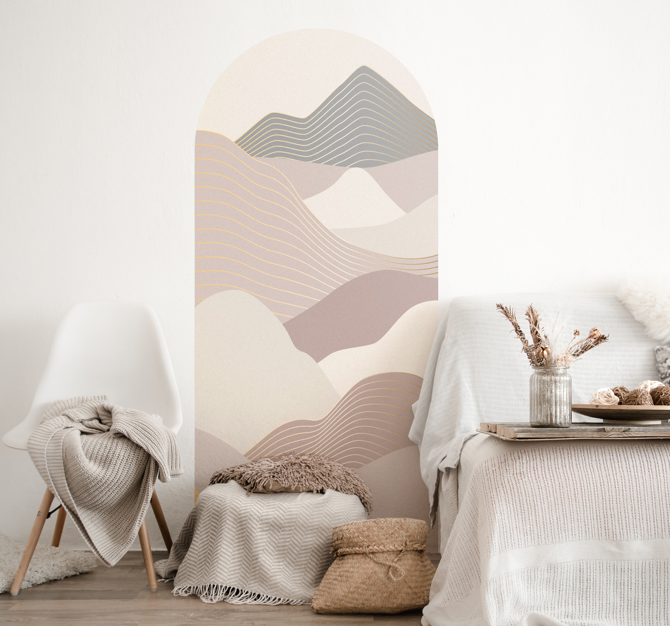 Muursticker woonkamer met beige boogvorm abstracte