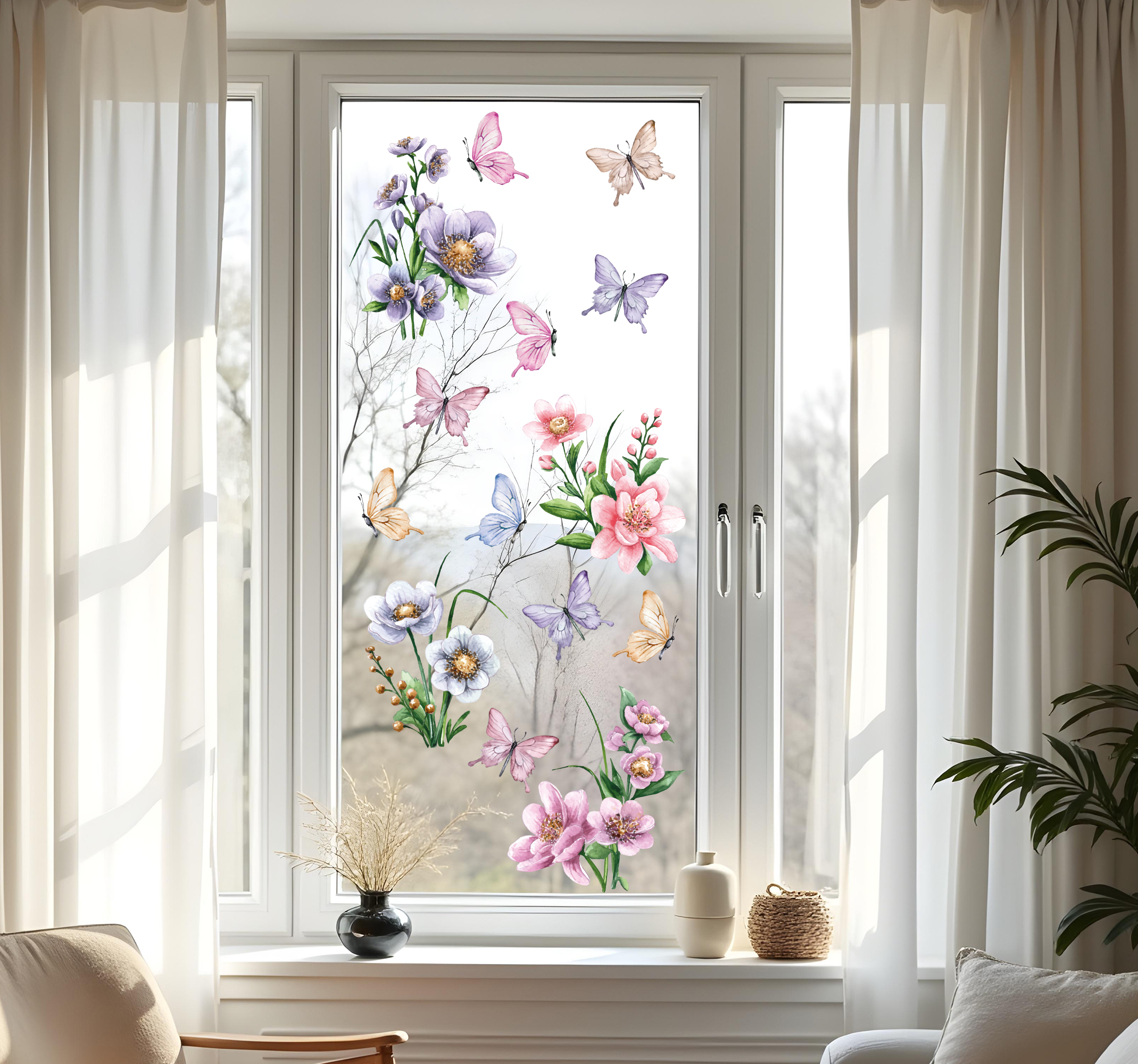 Kleurrijke bloemen en vlinders raamsticker