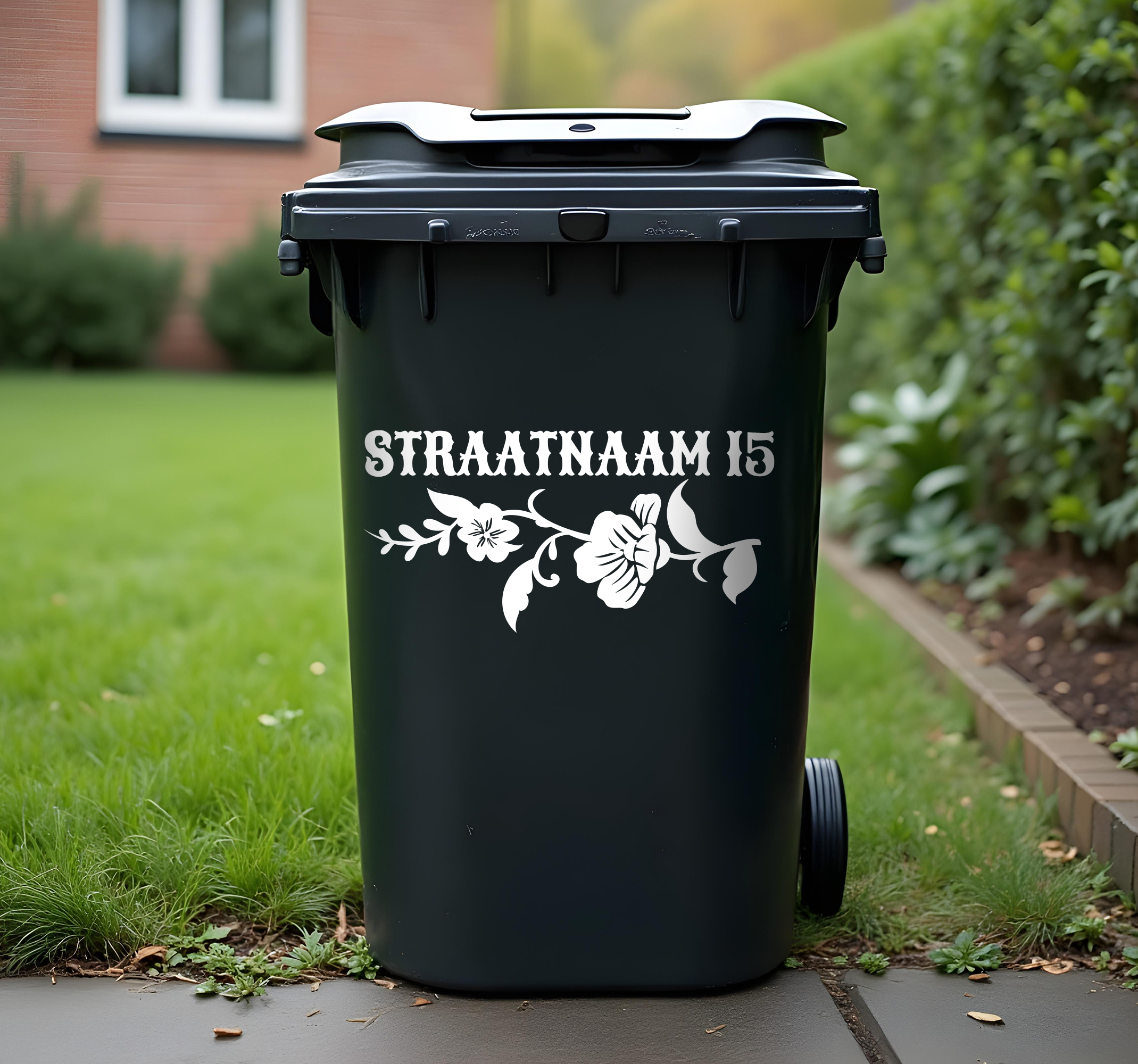 Container sticker straatnaam met bloem en huisnummer