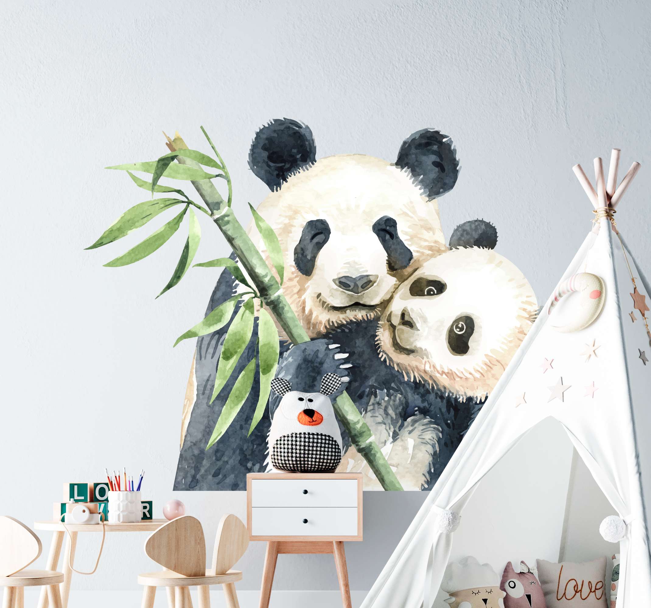 Muursticker kinderkamer dieren panda's met bamboe