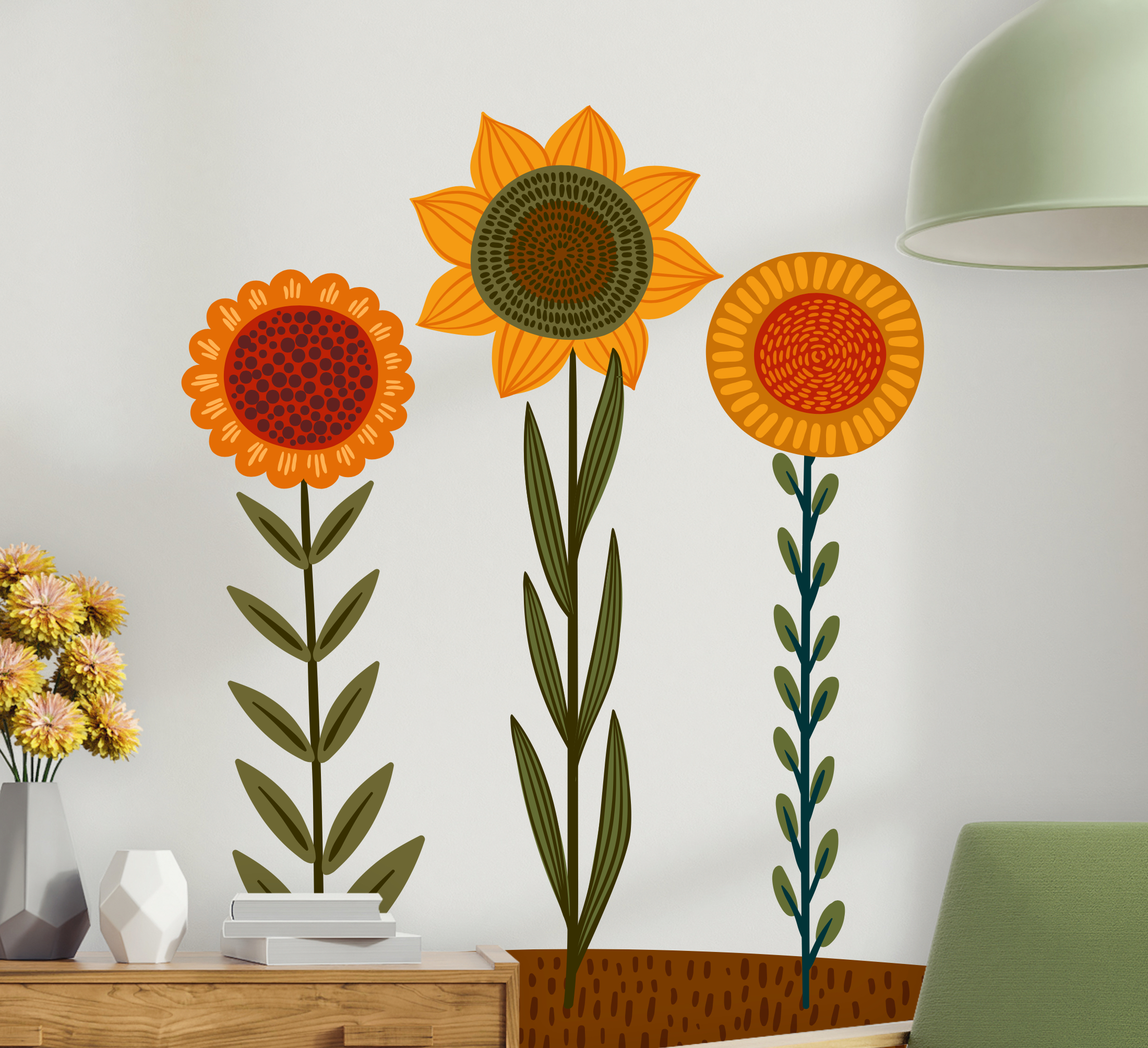 Muursticker woonkamer met mix van verschillende zonnebloemen
