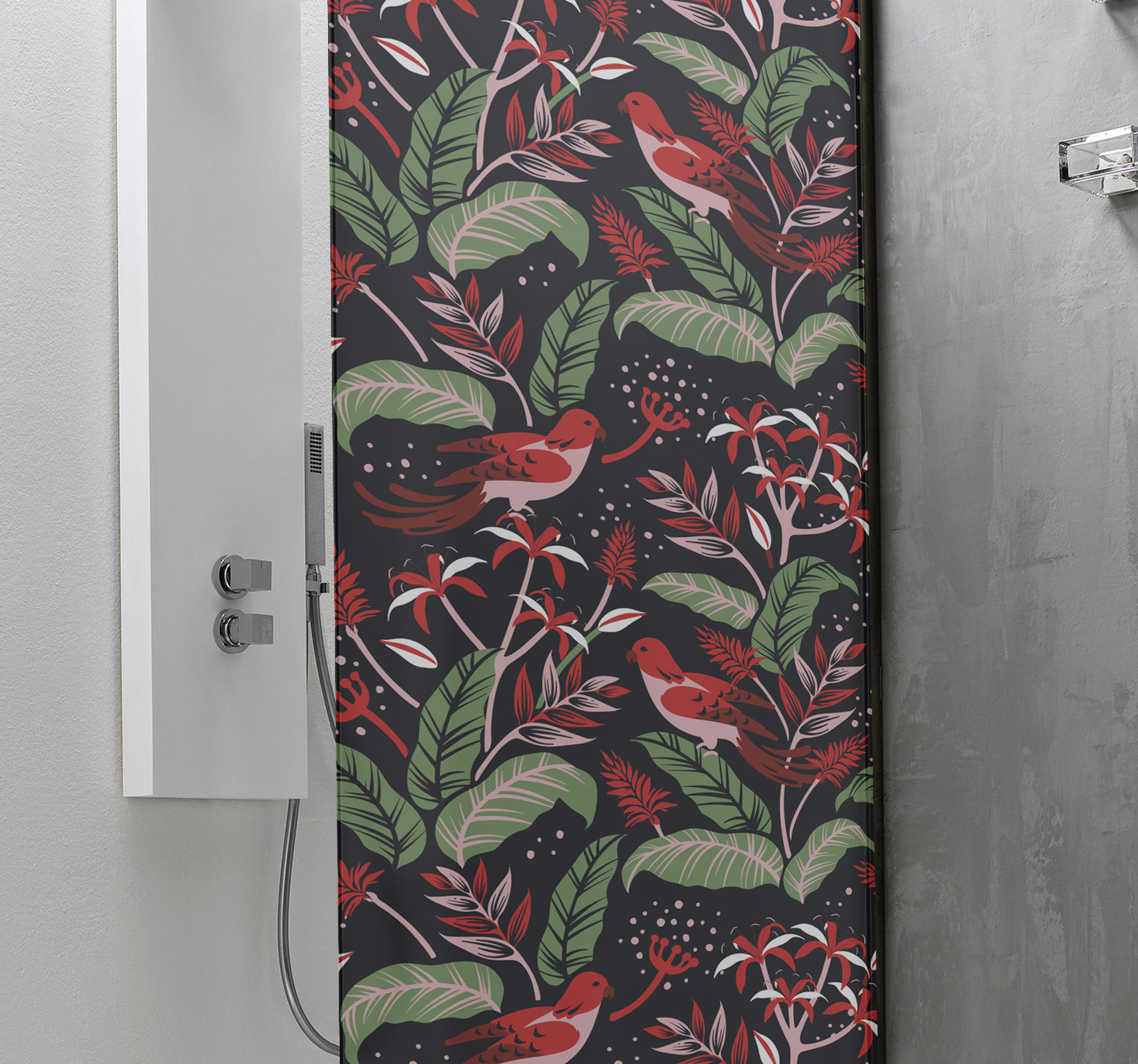 Douchewand stickers Rood en roze bladerenpatroon