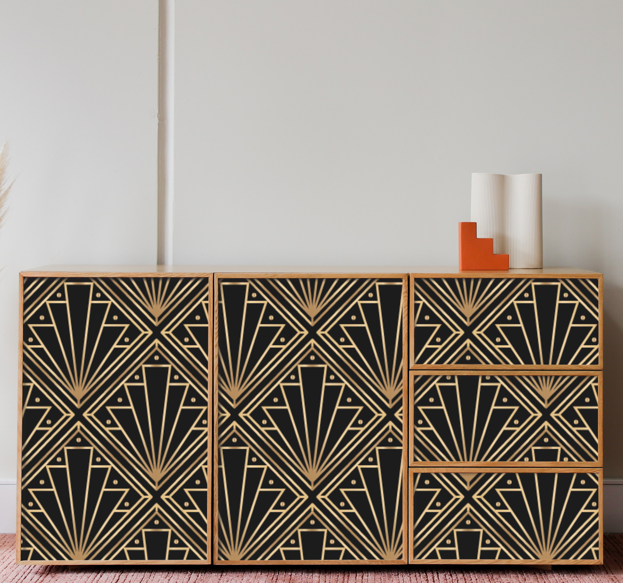 Meubel sticker gouden en zwarte deco vierkant patroon