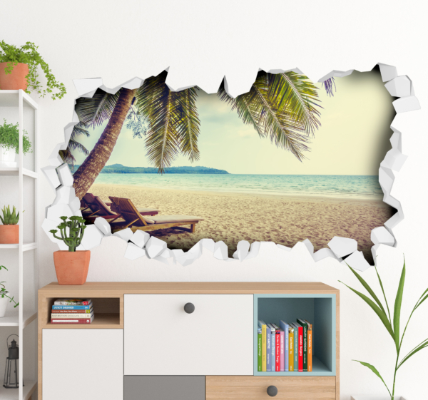 3D muurstickers woonkamer met strand 3D