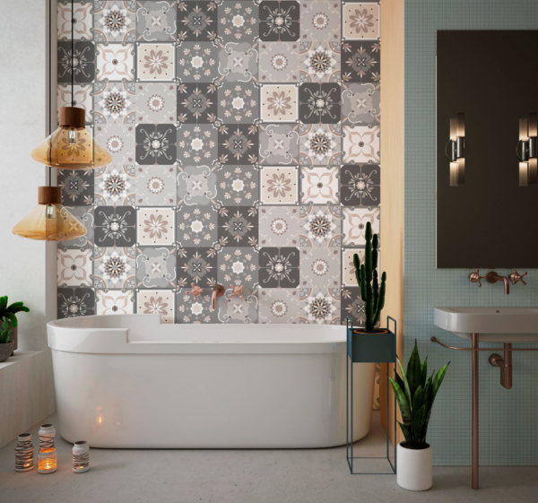 Tegelstickers badkamer beige ornamenten bloemen