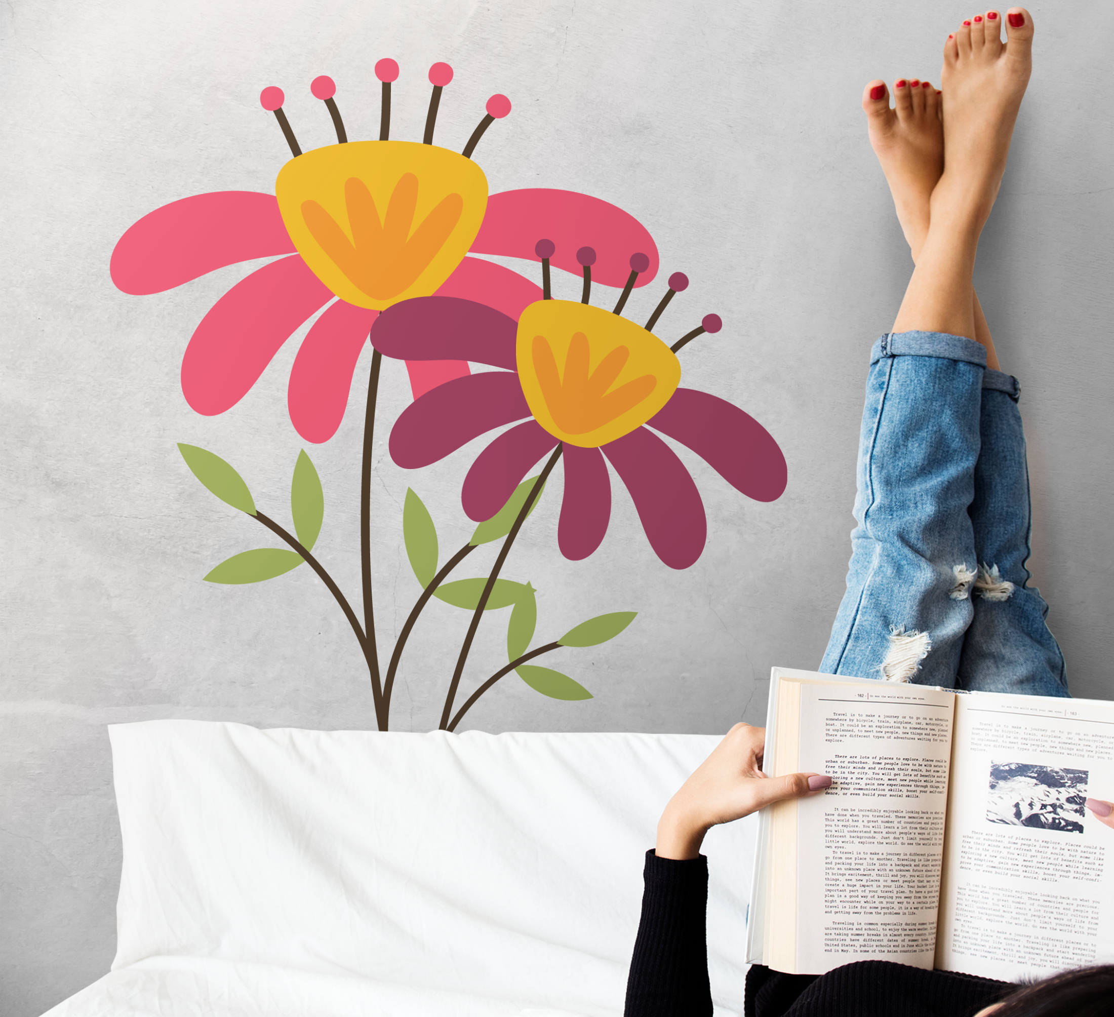 Bloemen muursticker paars roze